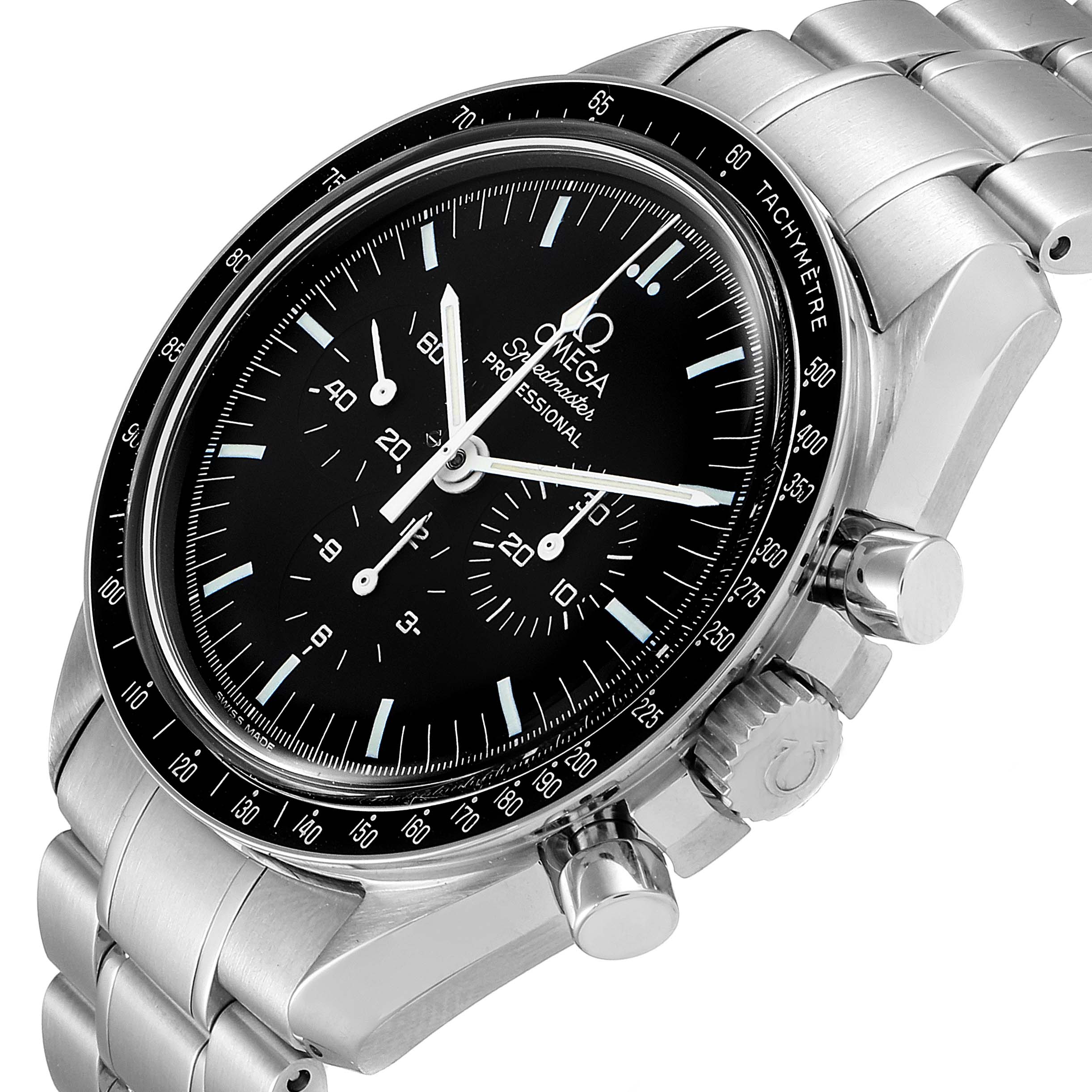 The image shows an angled close-up of the Omega Speedmaster 3570.50.00 Men
s Stainless Steel Black Dial 3570.50.00 Men
s Stainless Steel Black Dial
s face, bezel, pushers, crown, and stainless steel bracelet.