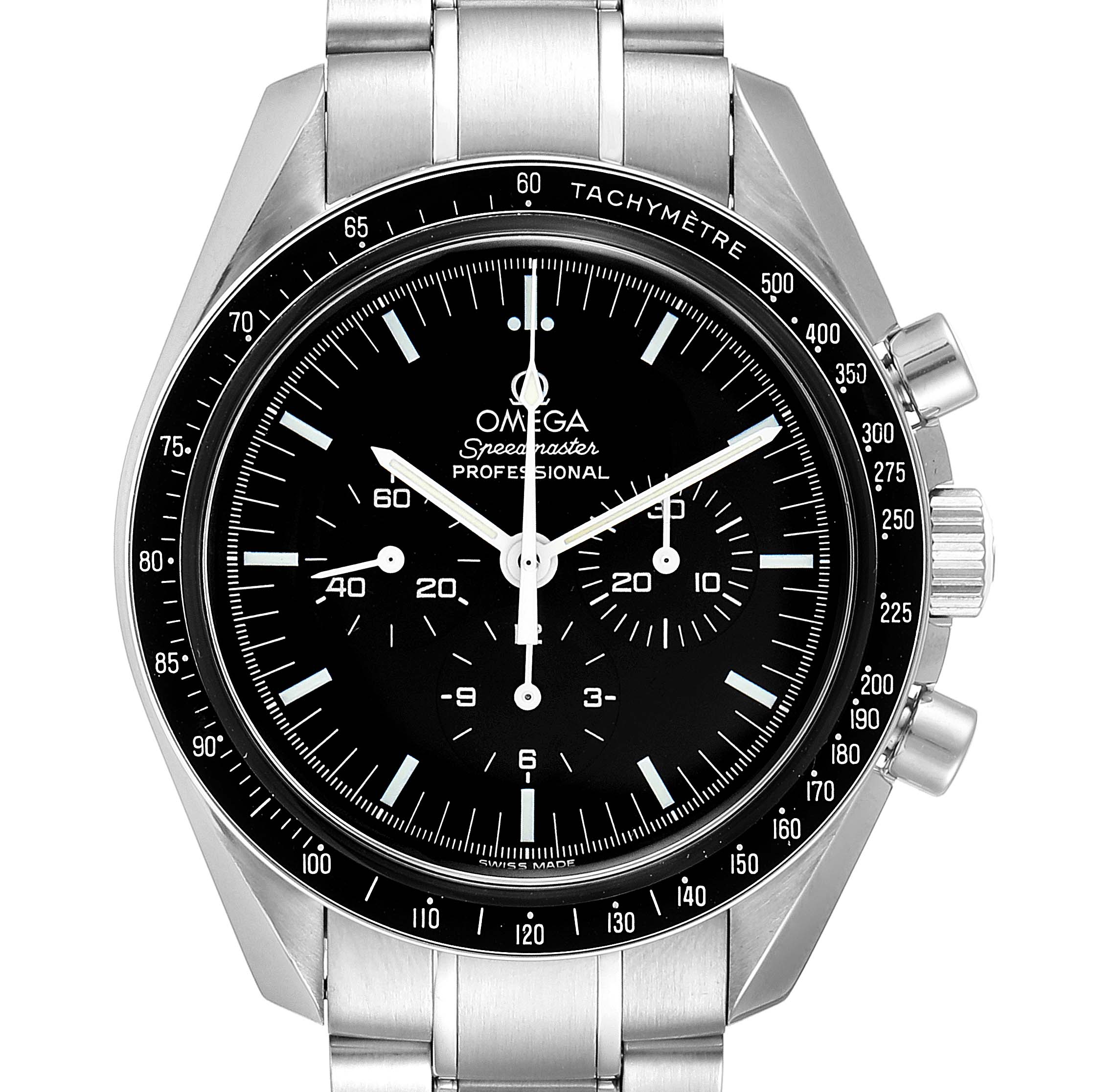 This image shows a frontal view of an Omega Speedmaster 3570.50.00 Men
s Stainless Steel Black Dial 3570.50.00 Men
s Stainless Steel Black Dial watch, highlighting the dial, chronograph subdials, bezel, and stainless steel bracelet.