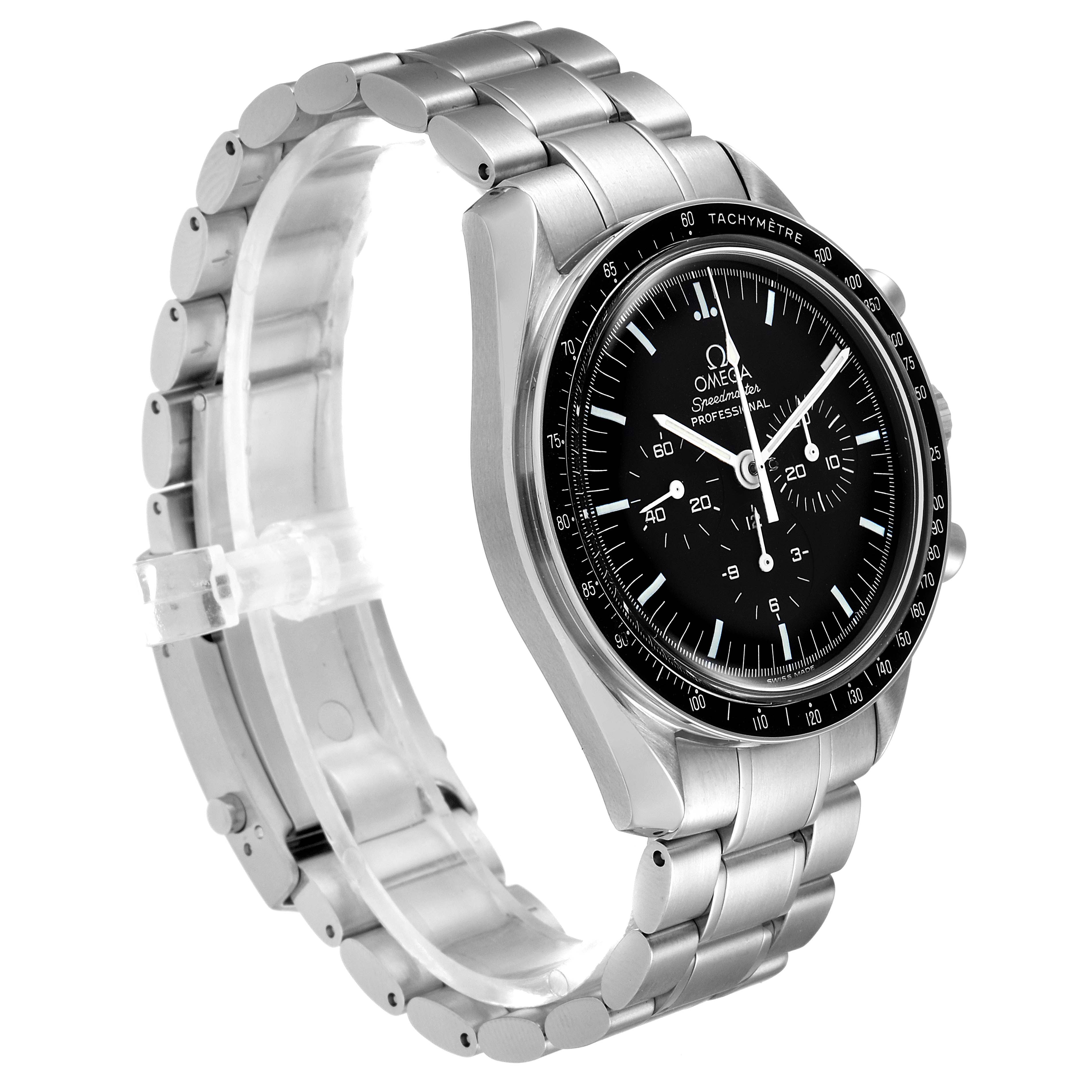 The image shows an Omega Speedmaster 3570.50.00 Men
s Stainless Steel Black Dial 3570.50.00 Men
s Stainless Steel Black Dial watch at a three-quarter angle, highlighting the face, case, and metal bracelet.
