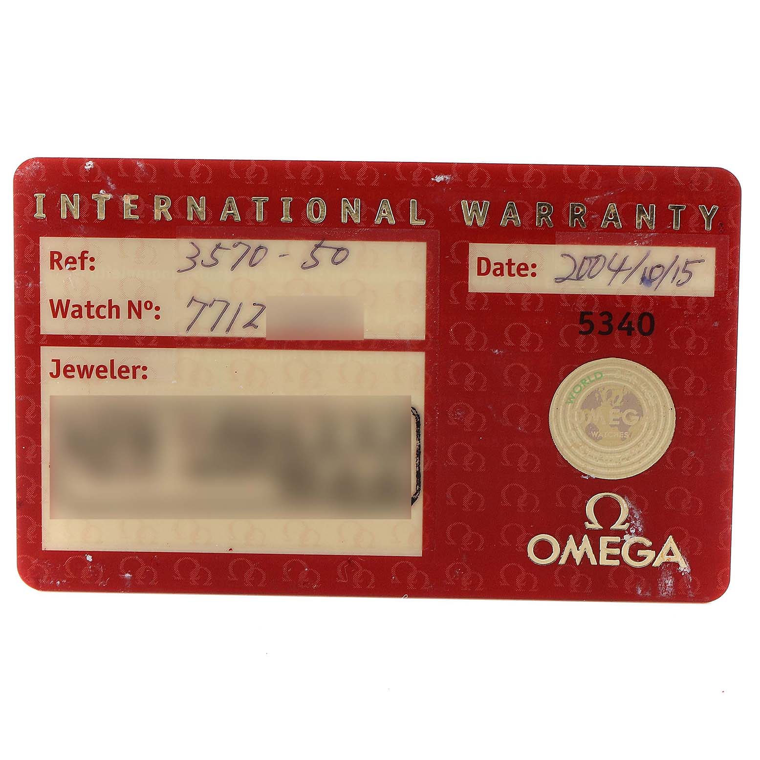 The image shows an Omega Speedmaster 3570.50.00 Men
s Stainless Steel Black Dial 3570.50.00 Men
s Stainless Steel Black Dial International Warranty card, displaying details such as reference number, watch number, date, and jeweler information.