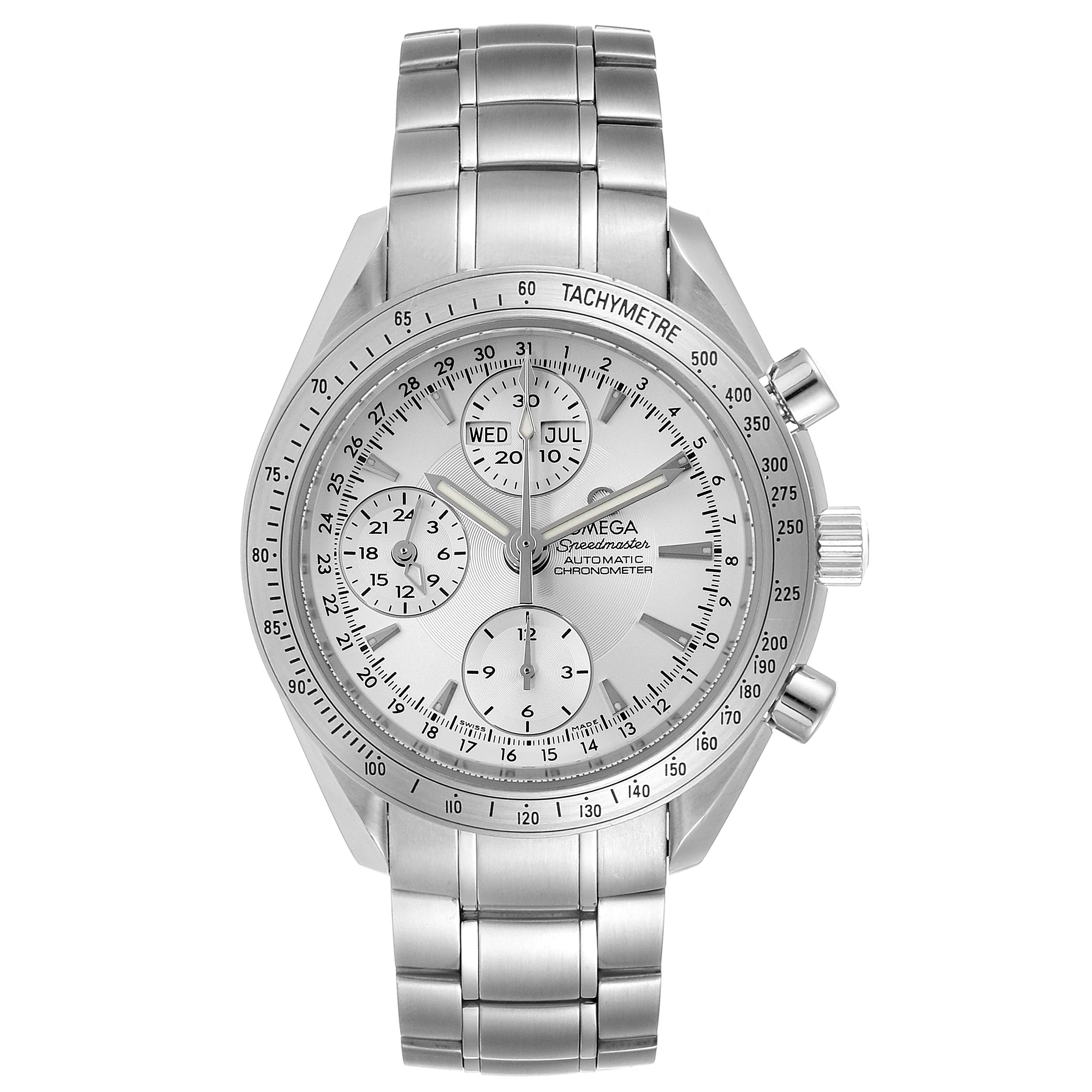 The Omega Speedmaster 3221.30.00 Men
s Stainless Steel Silver Dial 3221.30.00 Men
s Stainless Steel Silver Dial watch is shown in a front view, displaying its stainless steel case, bracelet, tachymeter bezel, and chronograph dials.