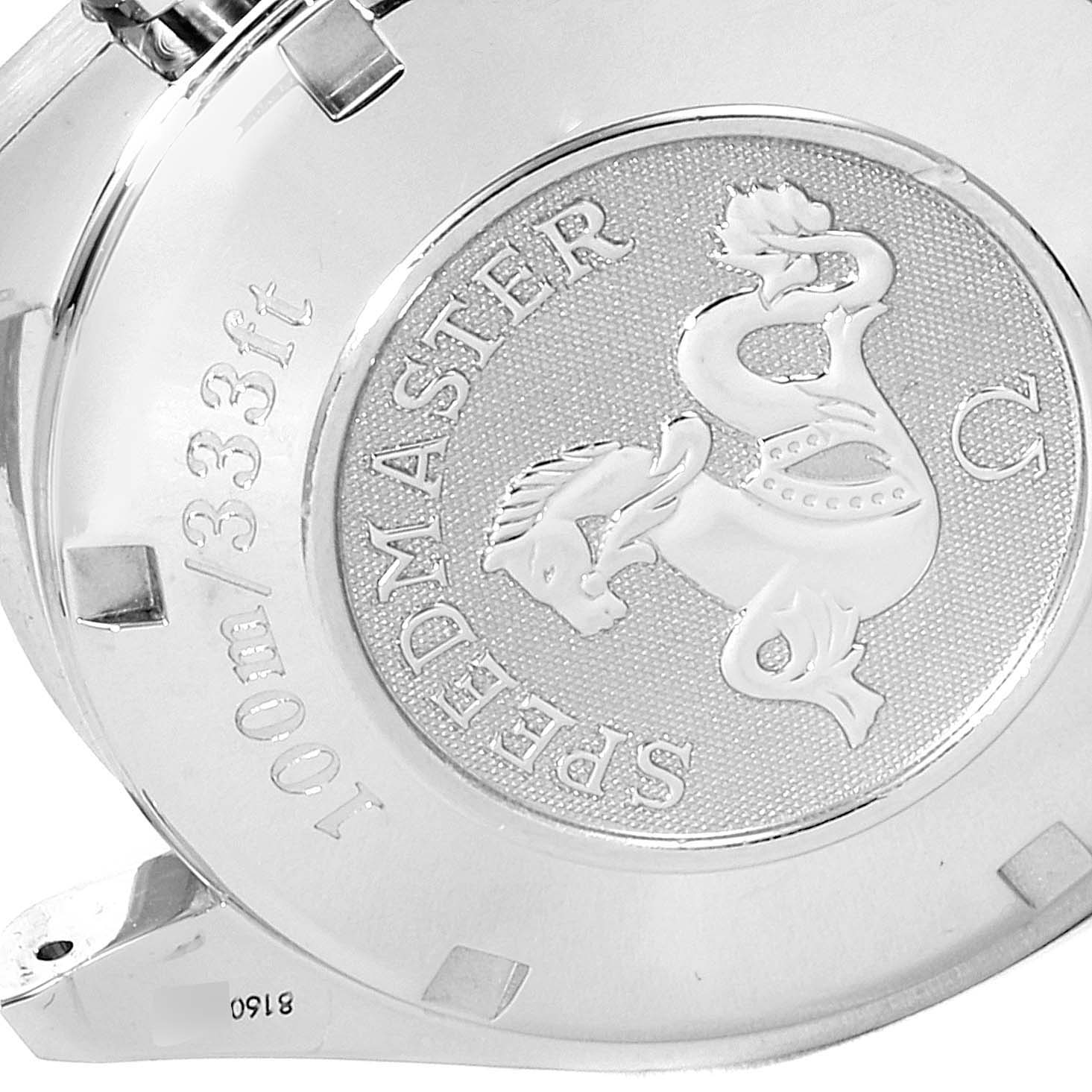 The image shows the case back of an Omega Speedmaster 3221.30.00 Men
s Stainless Steel Silver Dial 3221.30.00 Men
s Stainless Steel Silver Dial watch, displaying its embossed logo and water resistance information.
