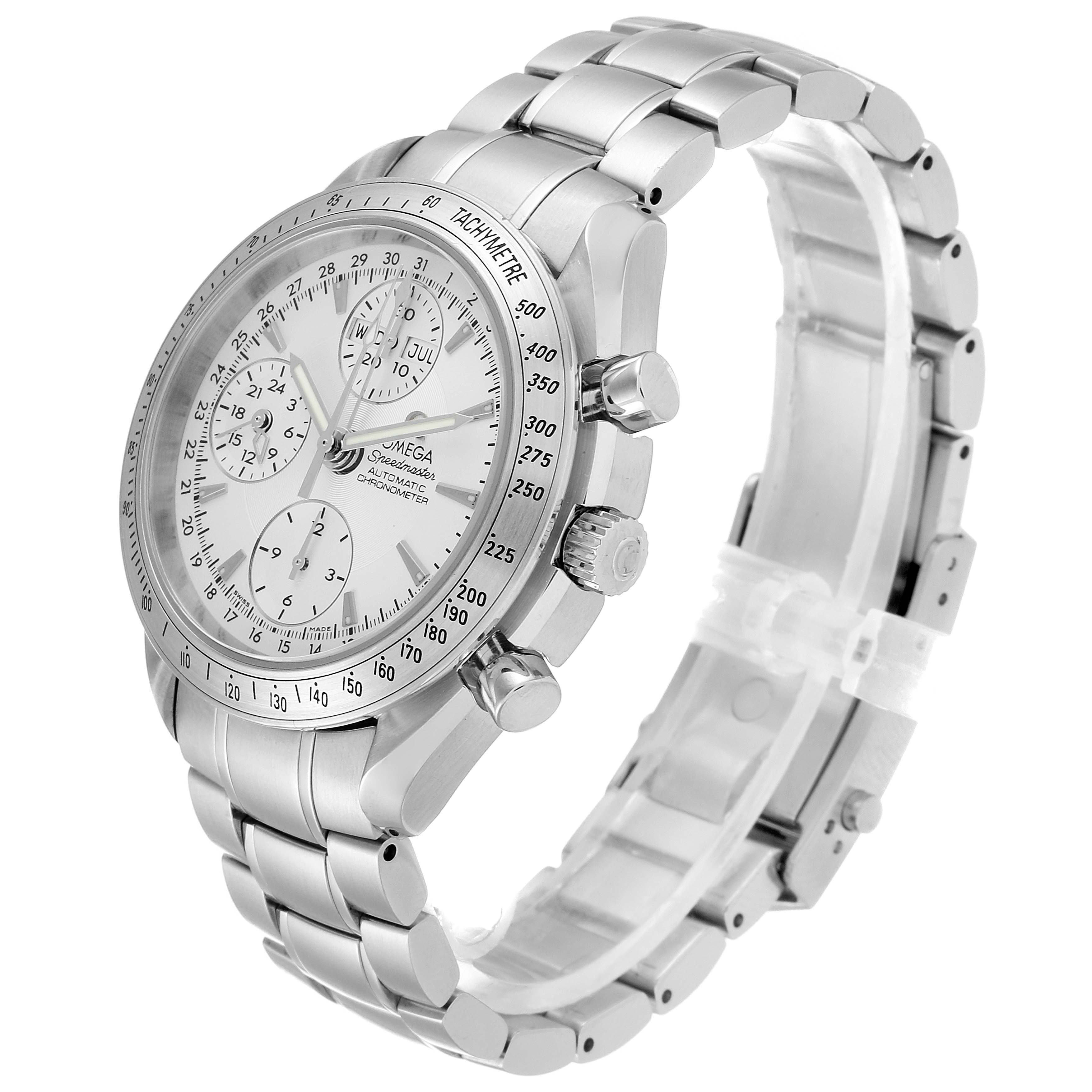The image shows a side angle of the Omega Speedmaster 3221.30.00 Men
s Stainless Steel Silver Dial 3221.30.00 Men
s Stainless Steel Silver Dial, displaying the face, bezel, chronograph buttons, and stainless steel bracelet.