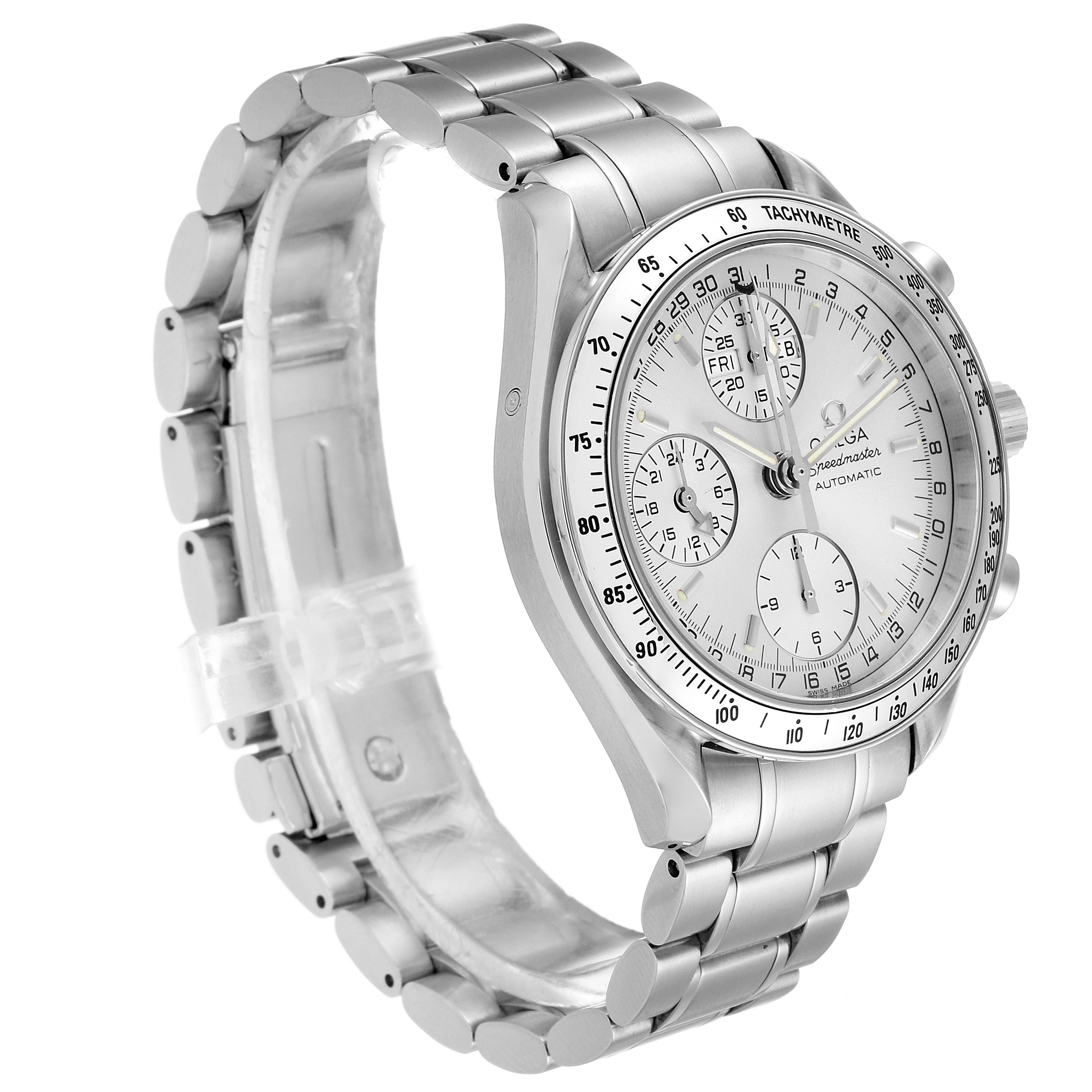 The image shows an angled side view of an Omega Speedmaster 3523.30.00 Men
s Stainless Steel Silver Dial 3523.30.00 Men
s Stainless Steel Silver Dial watch, highlighting the dial, bezel, and metal bracelet.