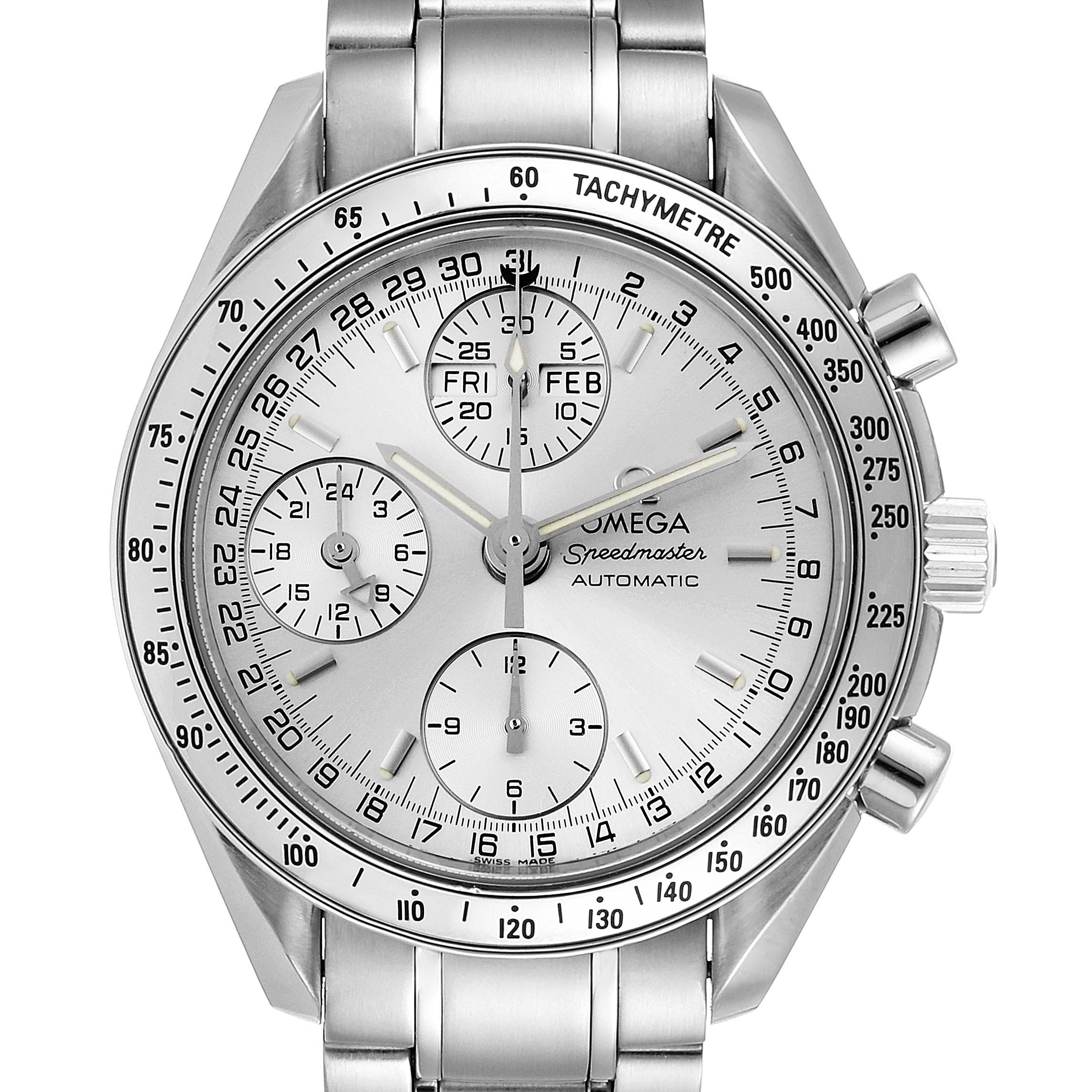 The image shows a front view of the Omega Speedmaster 3523.30.00 Men
s Stainless Steel Silver Dial 3523.30.00 Men
s Stainless Steel Silver Dial watch, highlighting the tachymeter bezel, chronograph dials, and metal bracelet.