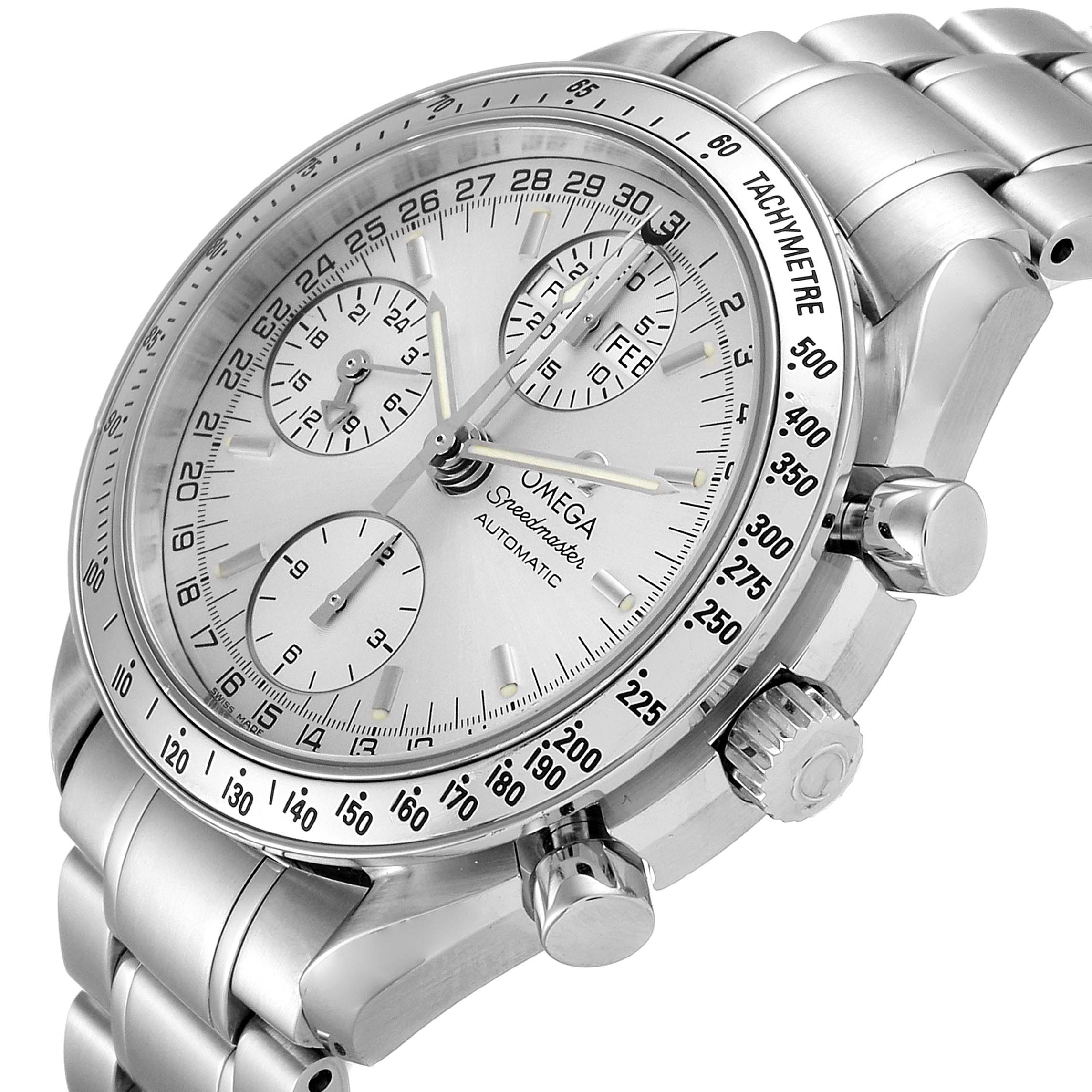 The image shows an Omega Speedmaster 3523.30.00 Men
s Stainless Steel Silver Dial 3523.30.00 Men
s Stainless Steel Silver Dial watch angled from the top-right, highlighting the face, crown, and chronograph pushers.