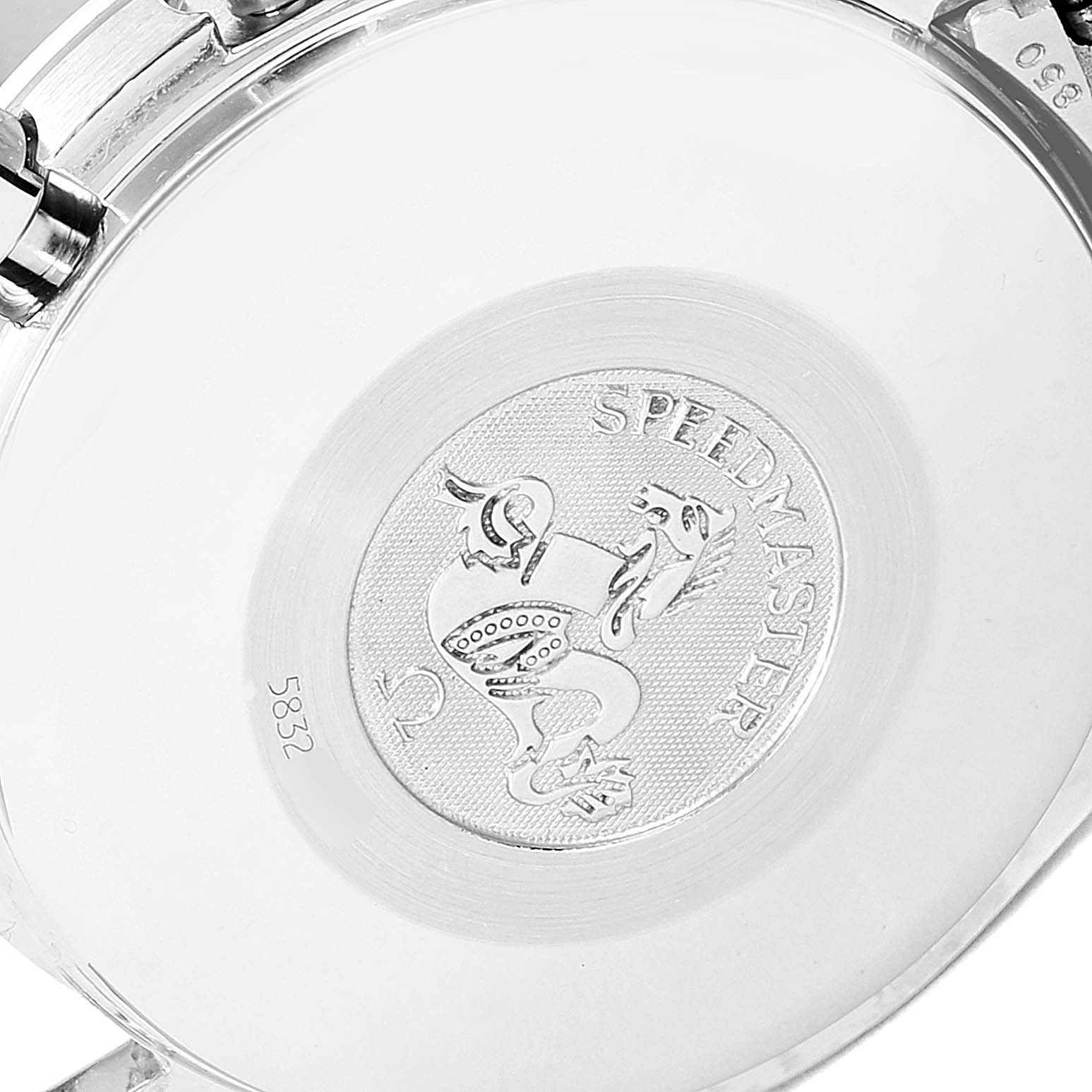 This image shows the engraved case back of an Omega Speedmaster 3523.30.00 Men
s Stainless Steel Silver Dial 3523.30.00 Men
s Stainless Steel Silver Dial watch.