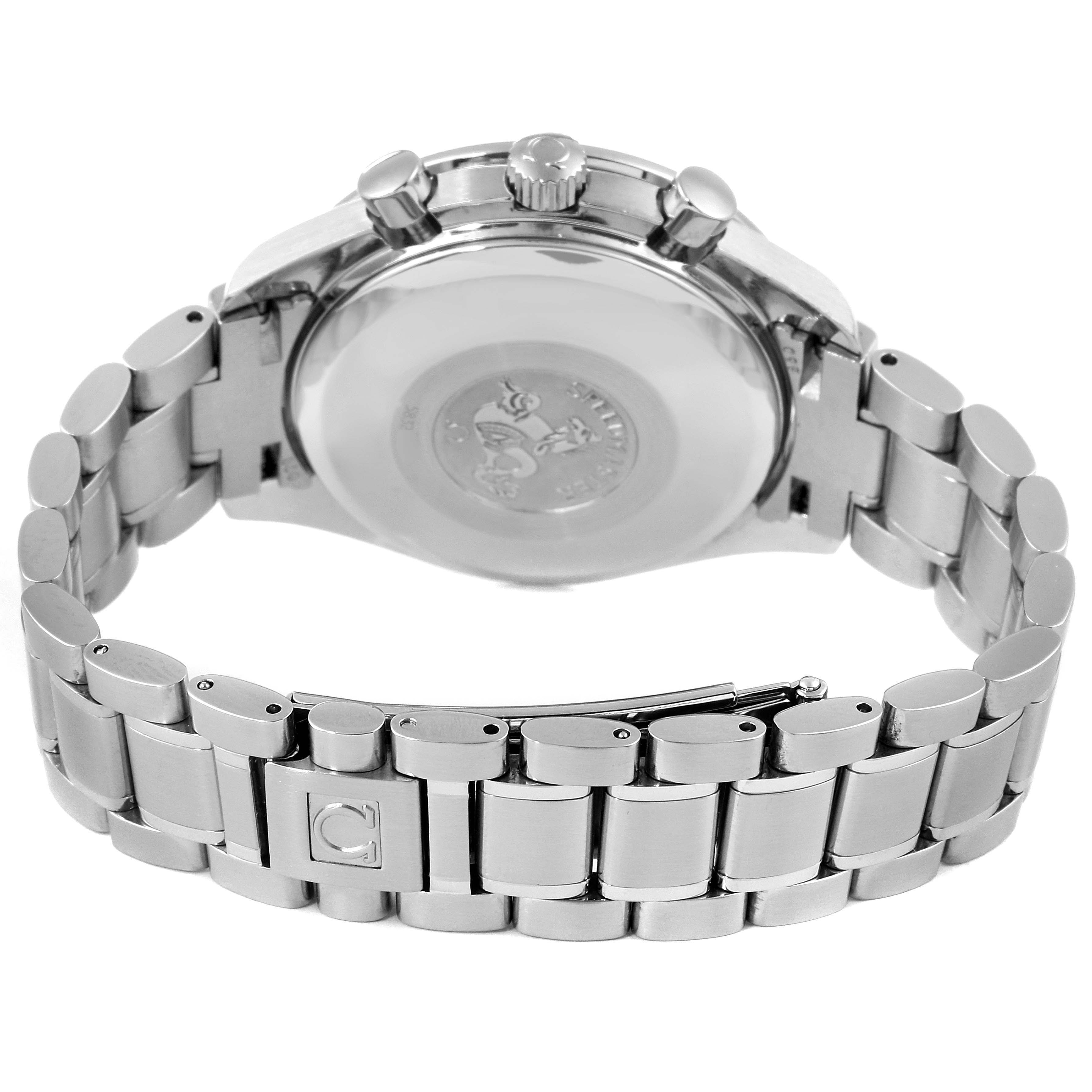 The image shows the back and bracelet of an Omega Speedmaster 3523.30.00 Men
s Stainless Steel Silver Dial 3523.30.00 Men
s Stainless Steel Silver Dial watch, highlighting the case back, crown, pushers, and bracelet clasp.