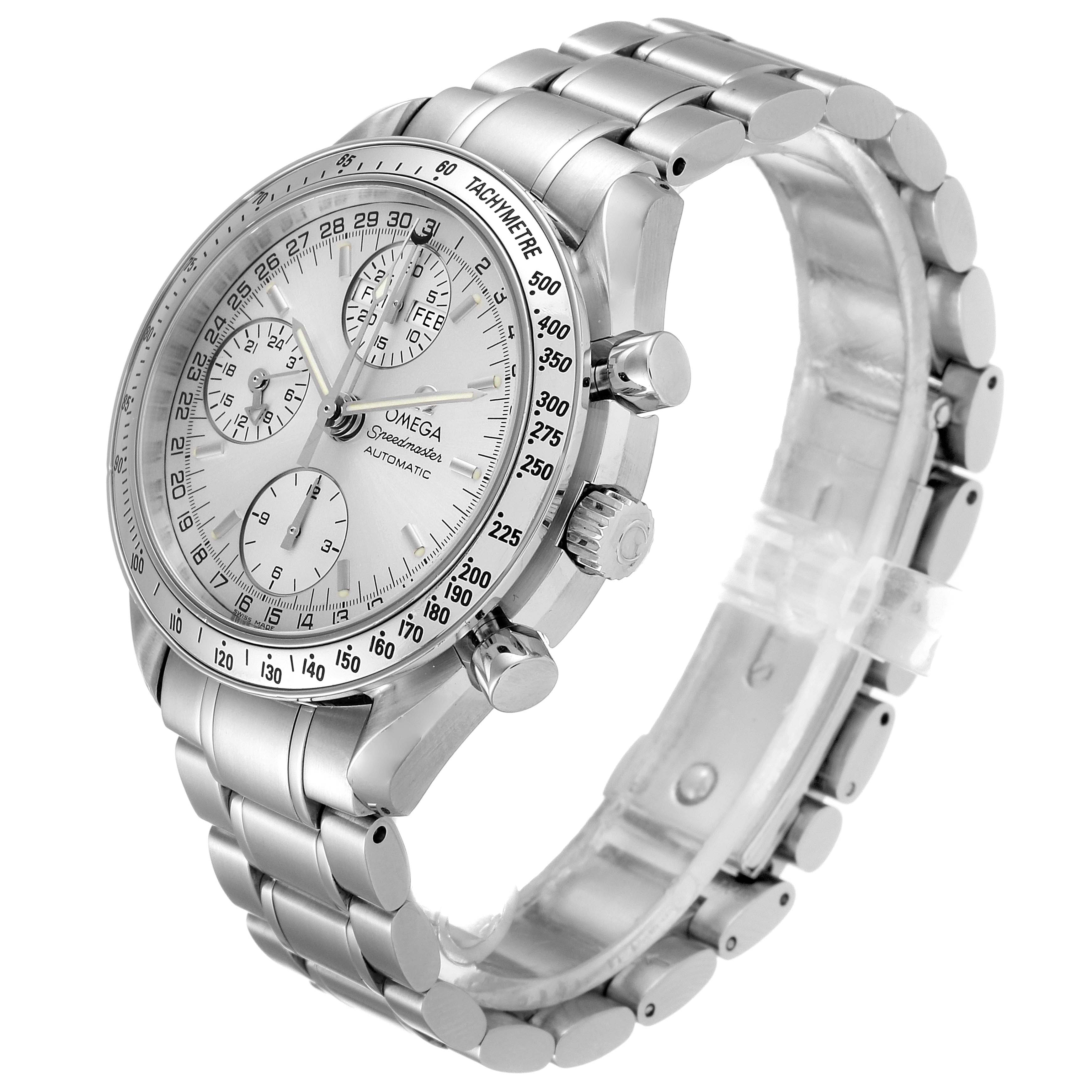 The image shows an angled side view of an Omega Speedmaster 3523.30.00 Men
s Stainless Steel Silver Dial 3523.30.00 Men
s Stainless Steel Silver Dial watch, highlighting its bracelet, tachymeter bezel, and chronograph dials.