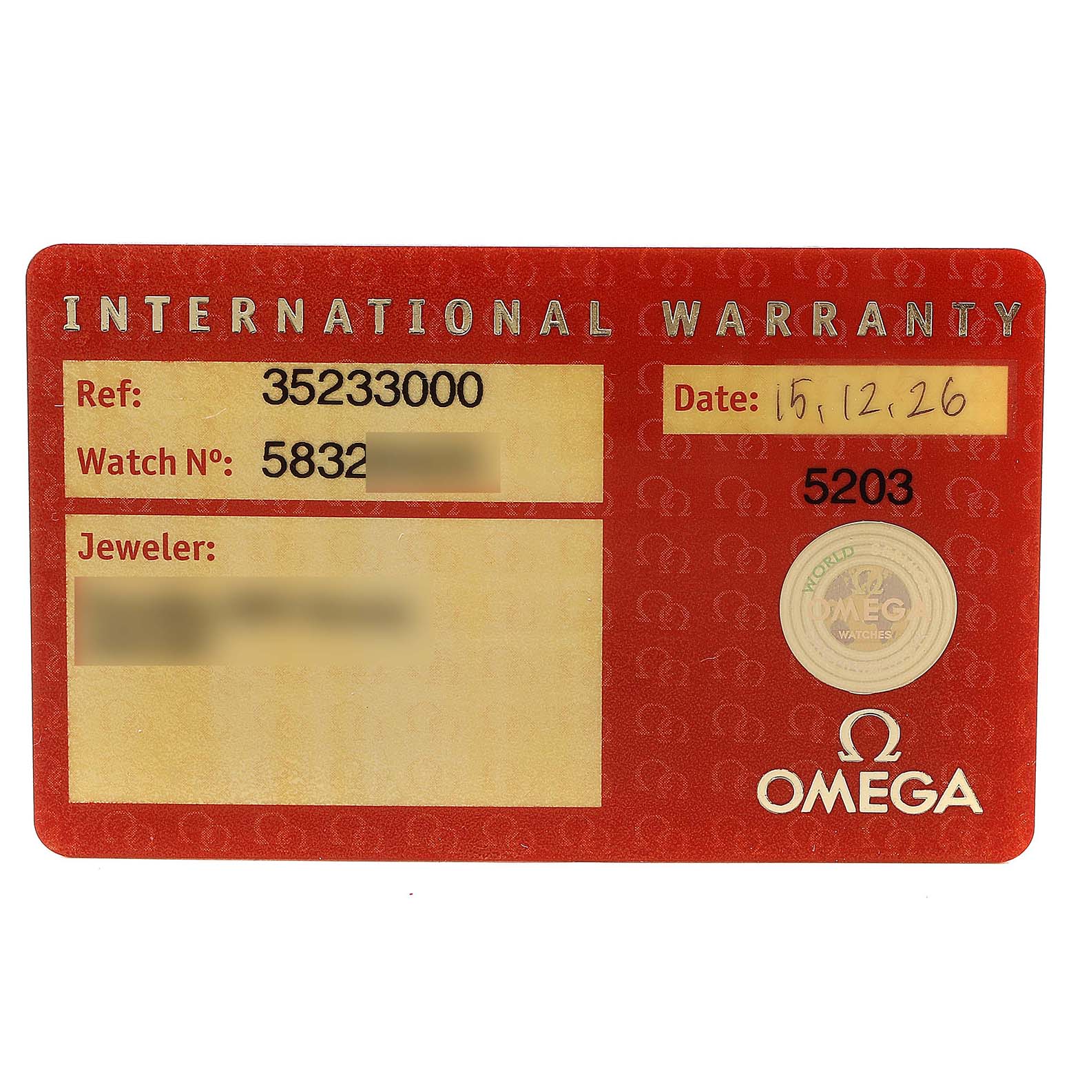This image shows the front side of the International Warranty card for the Omega Speedmaster 3523.30.00 Men
s Stainless Steel Silver Dial 3523.30.00 Men
s Stainless Steel Silver Dial watch model.