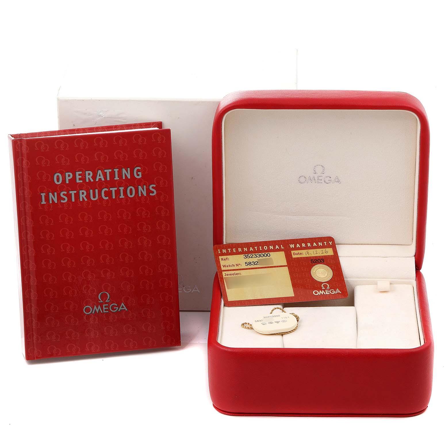 The image shows the Omega Speedmaster 3523.30.00 Men
s Stainless Steel Silver Dial 3523.30.00 Men
s Stainless Steel Silver Dial
s red watch box, operating instructions booklet, and international warranty card.