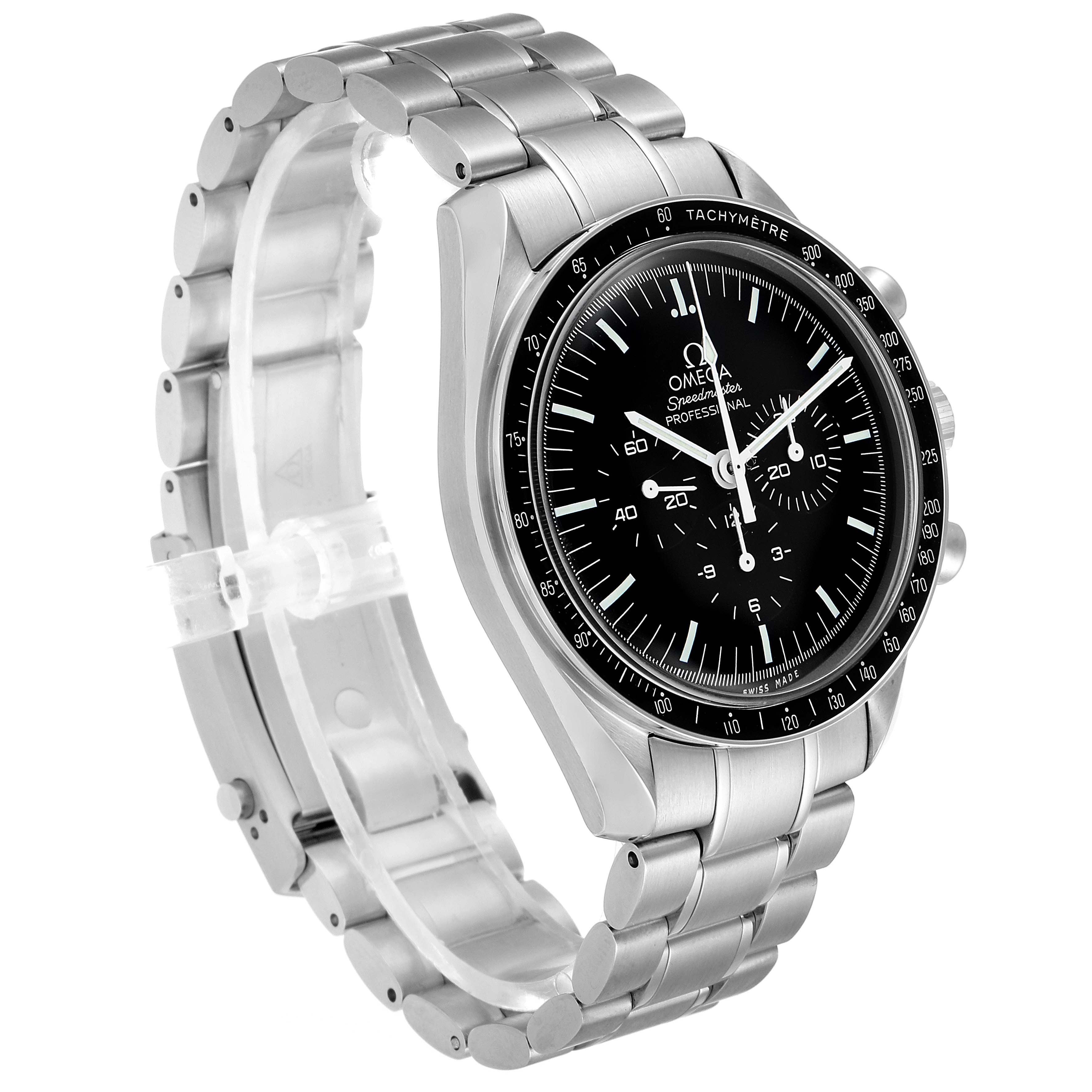 This image shows a side and front angle of the Omega Speedmaster 311.30.42.30.01.005 Men
s Stainless Steel Black Dial 311.30.42.30.01.005 Men
s Stainless Steel Black Dial watch, highlighting its face, bezel, and stainless steel bracelet.