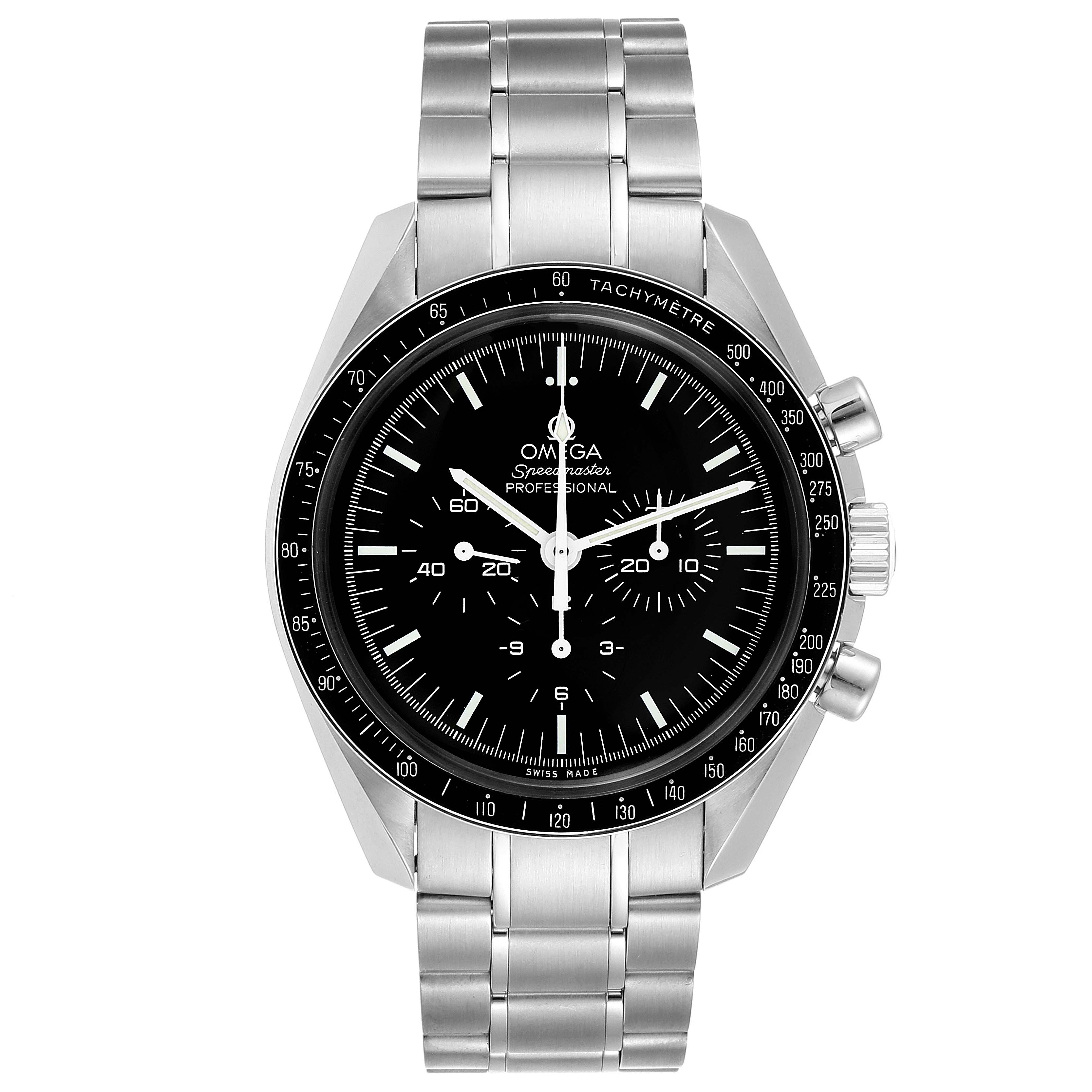This image shows a front view of the Omega Speedmaster 311.30.42.30.01.005 Men
s Stainless Steel Black Dial 311.30.42.30.01.005 Men
s Stainless Steel Black Dial watch, displaying its face, bezel, and metal bracelet.