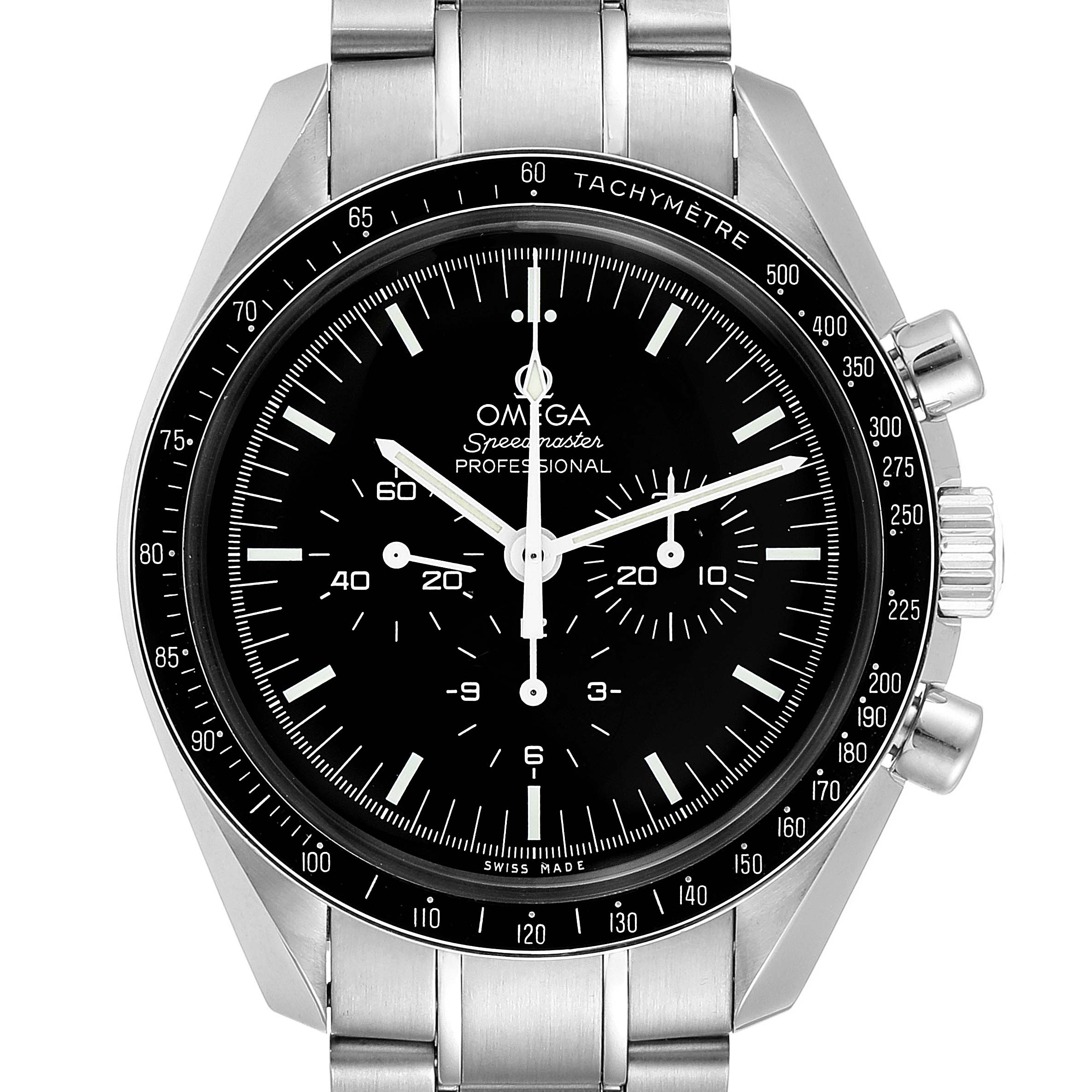This image shows the Omega Speedmaster 311.30.42.30.01.005 Men
s Stainless Steel Black Dial 311.30.42.30.01.005 Men
s Stainless Steel Black Dial watch from a front angle, displaying its face, bezel, and part of the bracelet.
