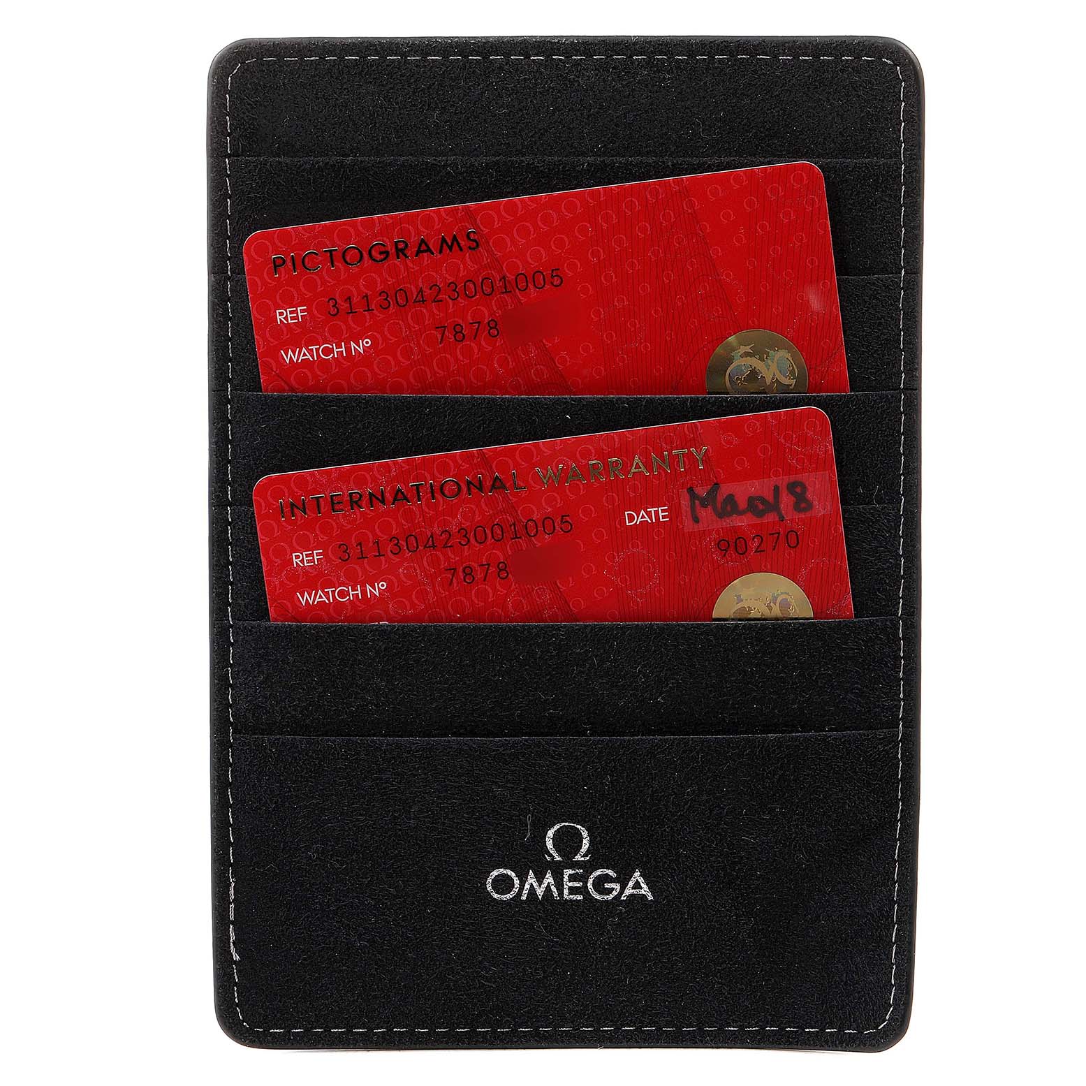 This image shows an Omega Speedmaster 311.30.42.30.01.005 Men
s Stainless Steel Black Dial 311.30.42.30.01.005 Men
s Stainless Steel Black Dial warranty card holder containing two warranty and pictogram cards.