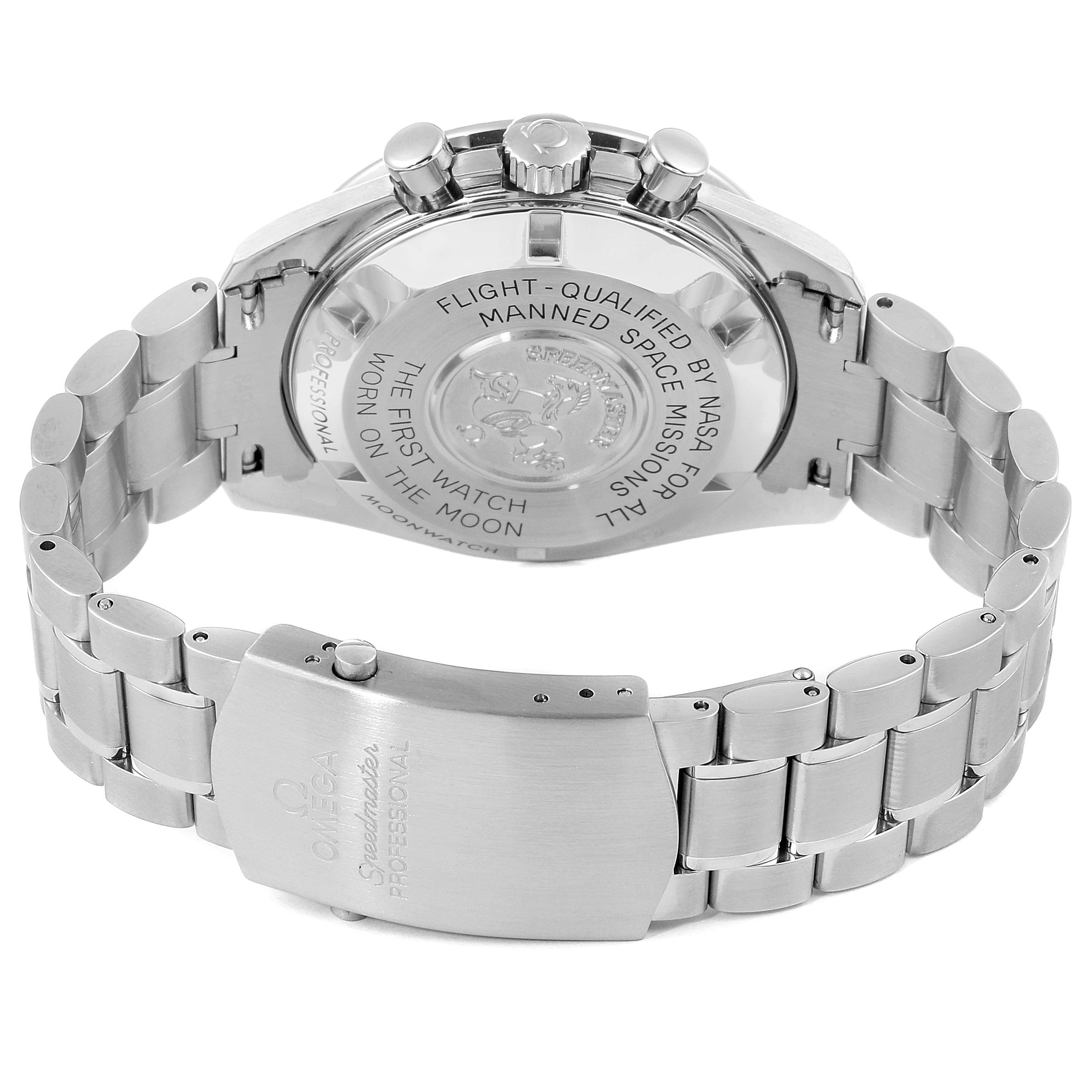 The image shows the back case and bracelet clasp of an Omega Speedmaster 311.30.42.30.01.005 Men
s Stainless Steel Black Dial 311.30.42.30.01.005 Men
s Stainless Steel Black Dial watch at an angle.