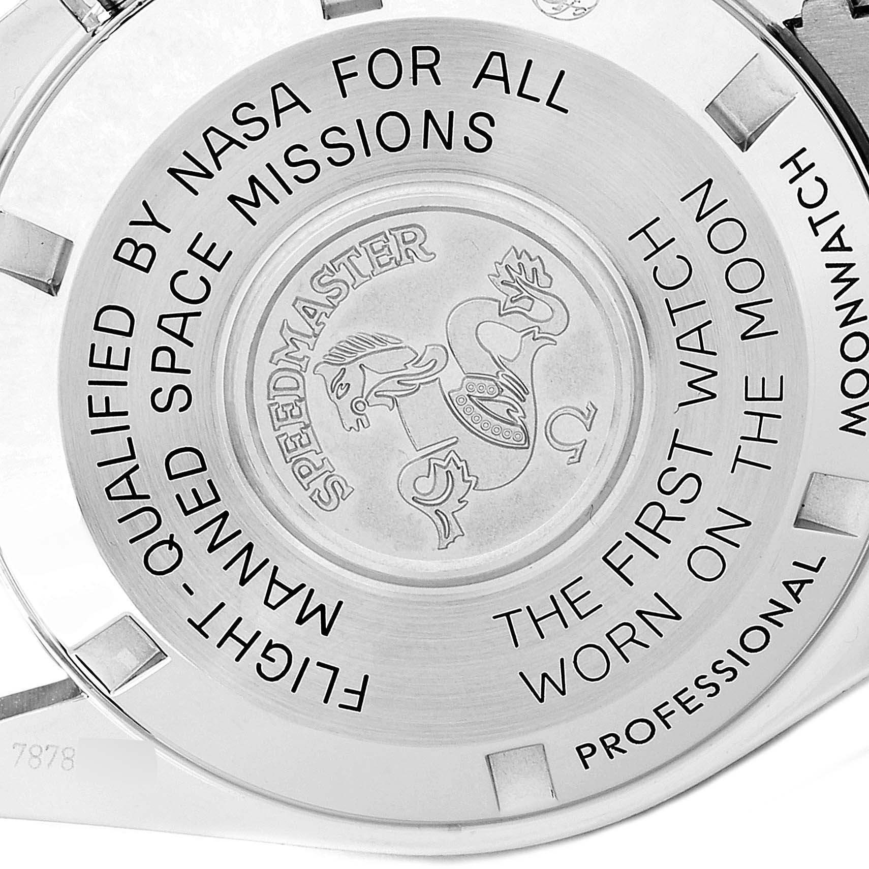 The image shows the case back of the Omega Speedmaster 311.30.42.30.01.005 Men
s Stainless Steel Black Dial 311.30.42.30.01.005 Men
s Stainless Steel Black Dial, highlighting its text and engraved logo.