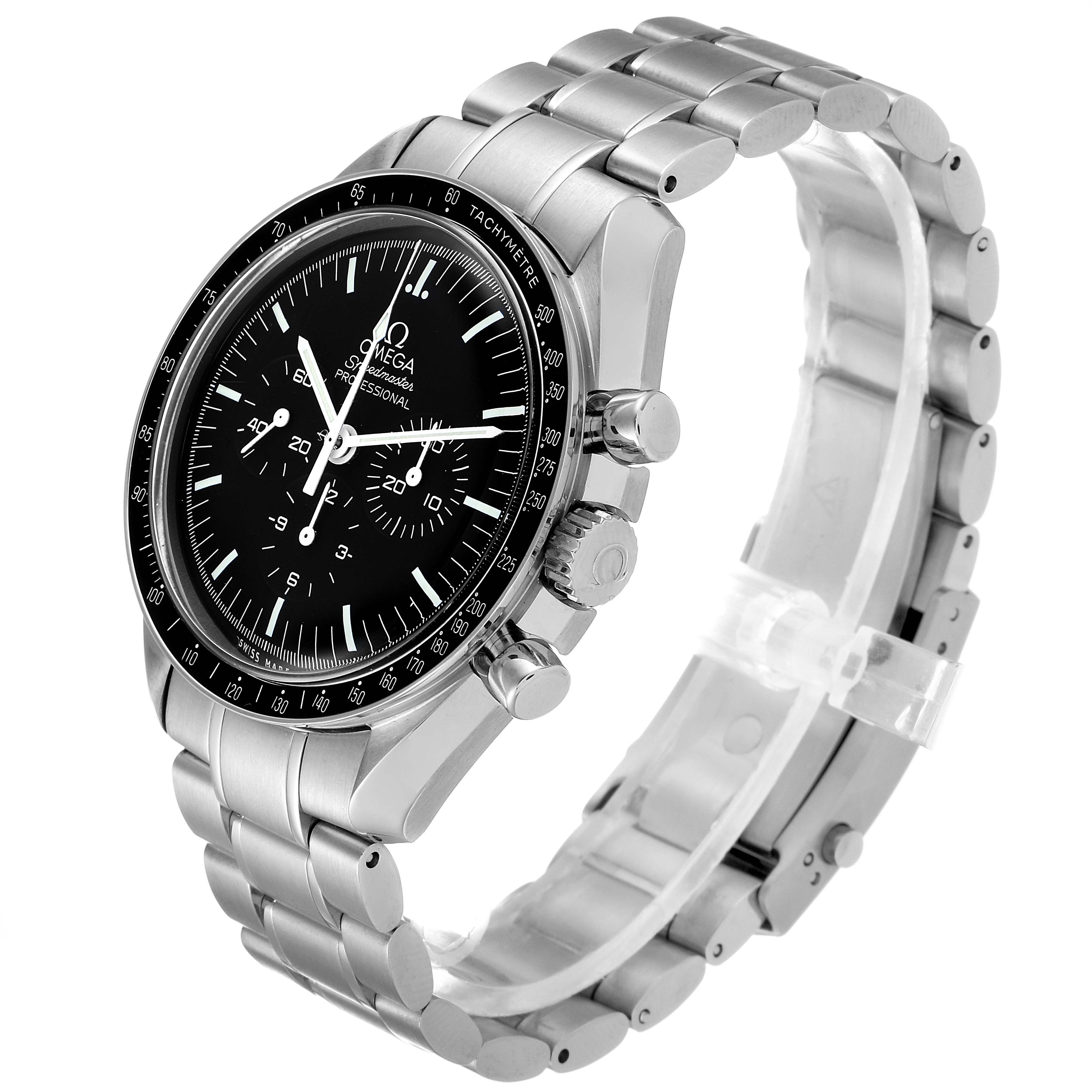 The image shows an Omega Speedmaster 311.30.42.30.01.005 Men
s Stainless Steel Black Dial 311.30.42.30.01.005 Men
s Stainless Steel Black Dial watch at a front-side angle, highlighting the face, bracelet, and tachymeter bezel.