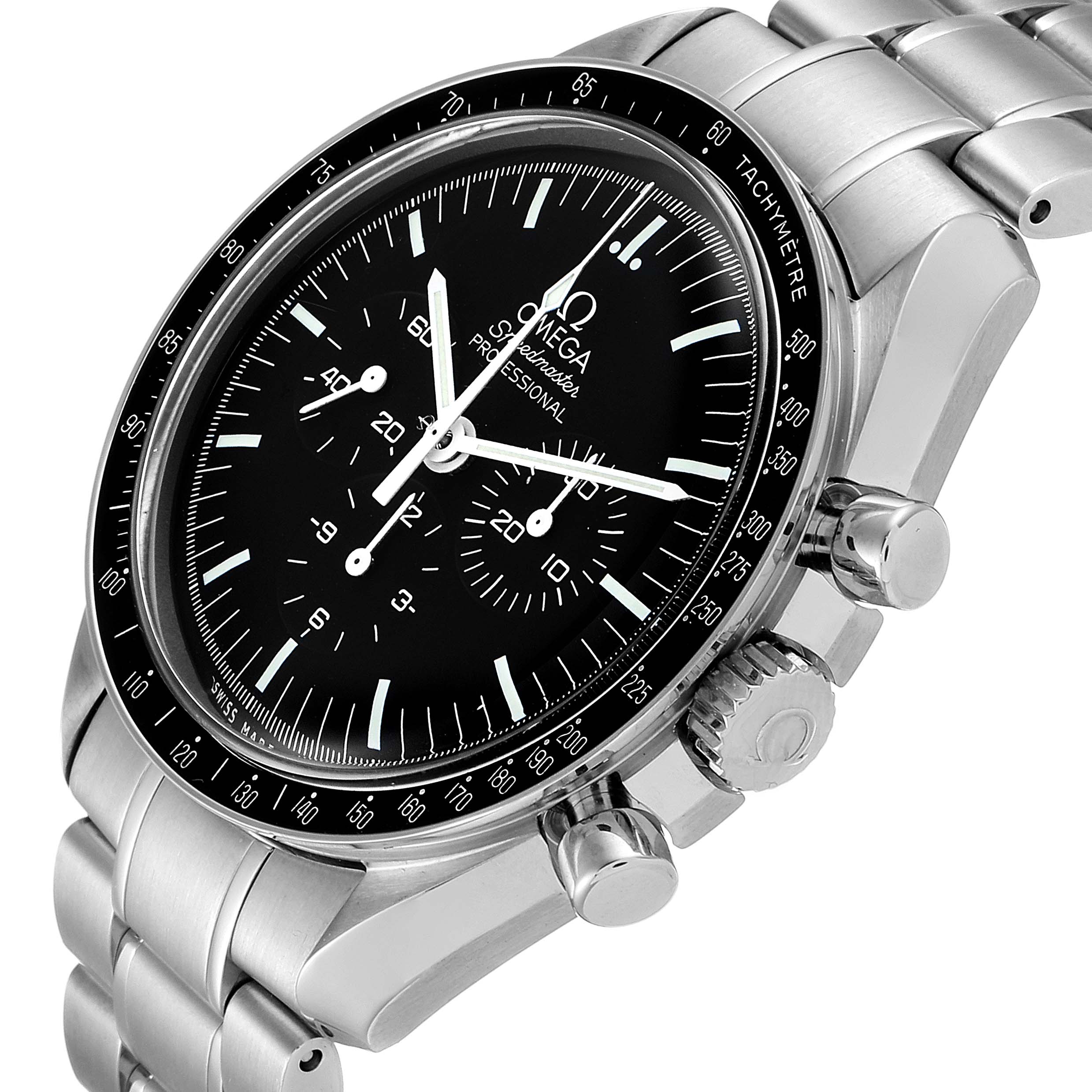 The Omega Speedmaster 311.30.42.30.01.005 Men
s Stainless Steel Black Dial 311.30.42.30.01.005 Men
s Stainless Steel Black Dial watch is shown at an angle highlighting its black dial, tachymeter bezel, and stainless steel bracelet.