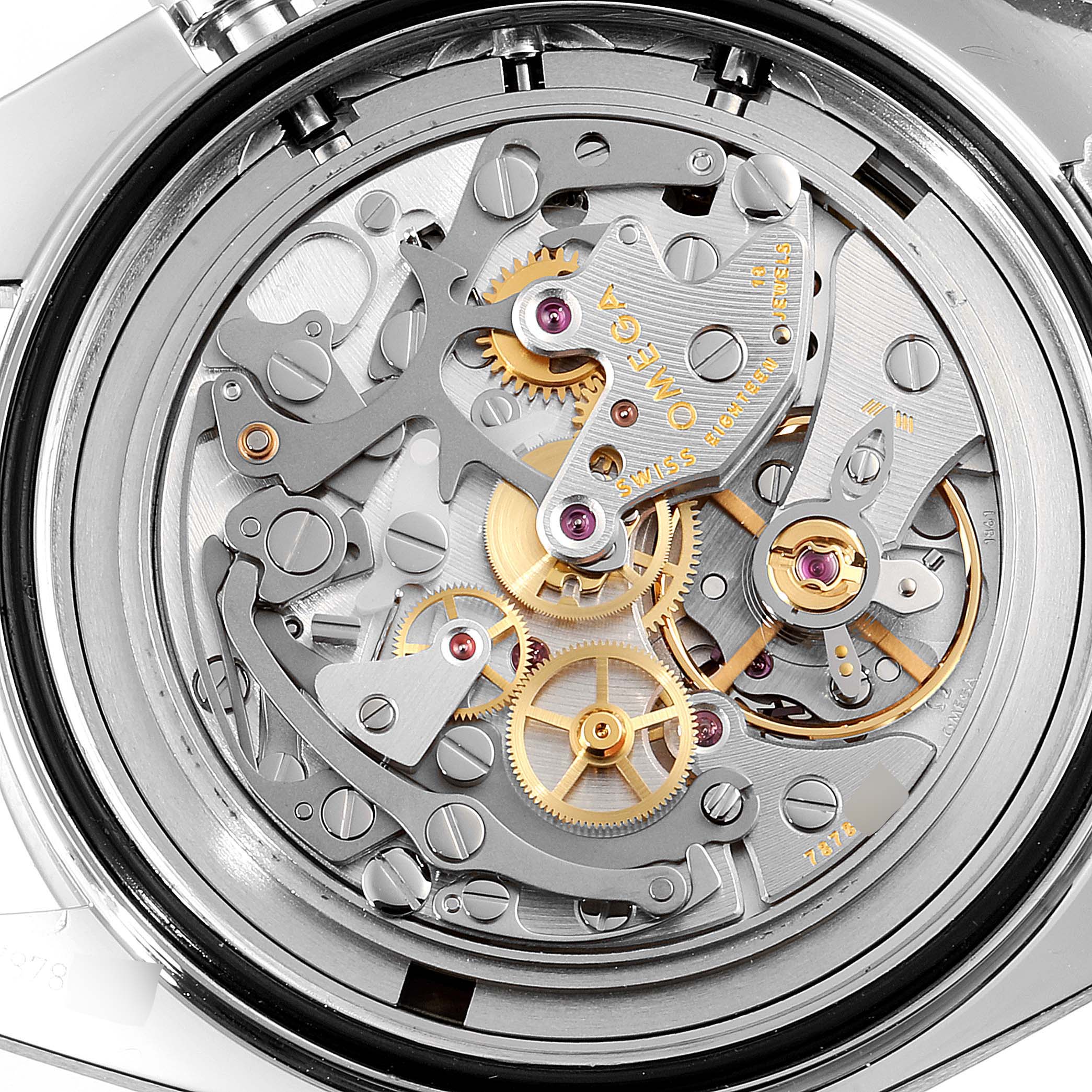 The image shows a close-up view of the movement and internal mechanics of an Omega Speedmaster 311.30.42.30.01.005 Men
s Stainless Steel Black Dial 311.30.42.30.01.005 Men
s Stainless Steel Black Dial watch.