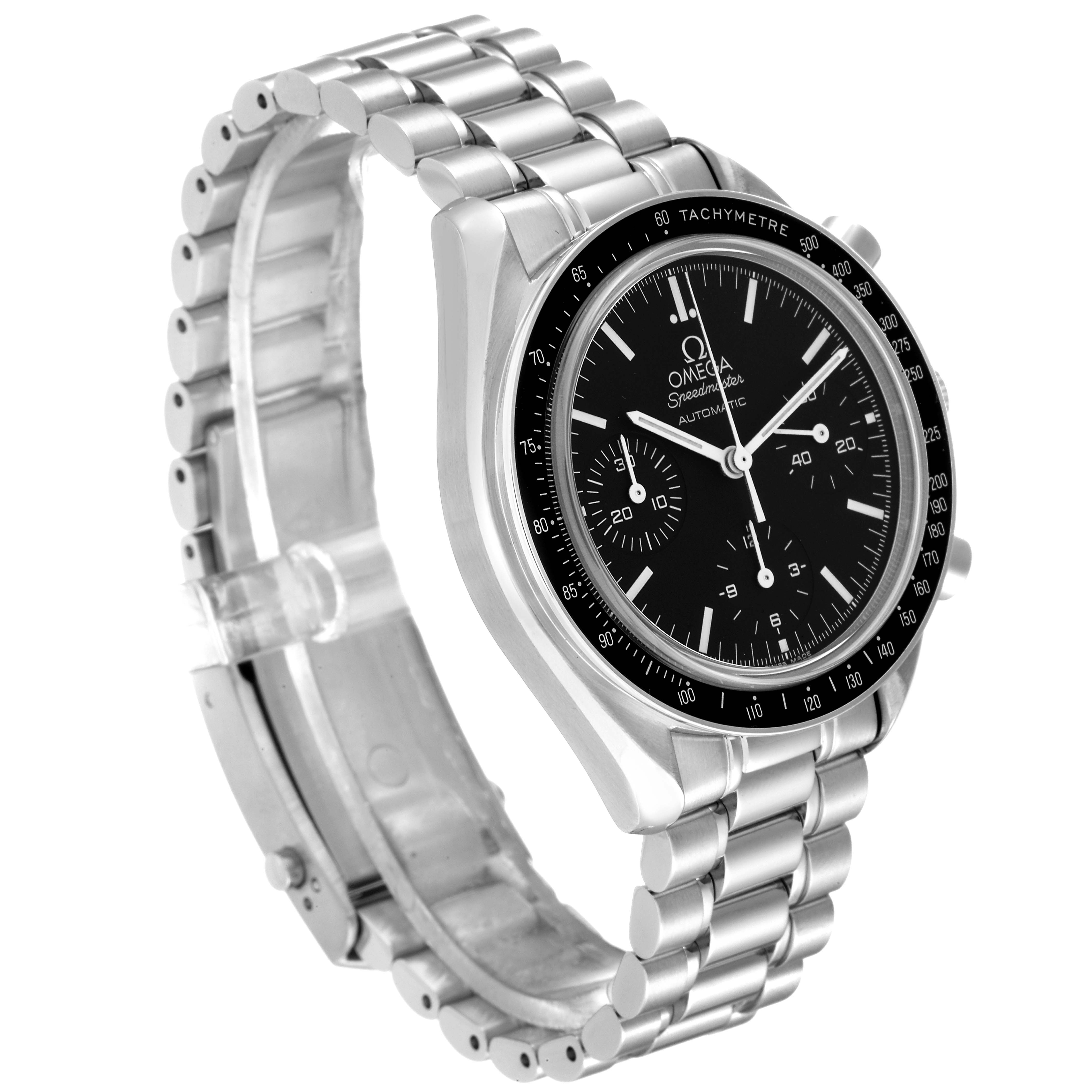 The Omega Speedmaster 3539.50.00 Men
s Stainless Steel Black Dial 3539.50.00 Men
s Stainless Steel Black Dial watch is shown at an angle highlighting the face, bezel, and stainless steel bracelet.