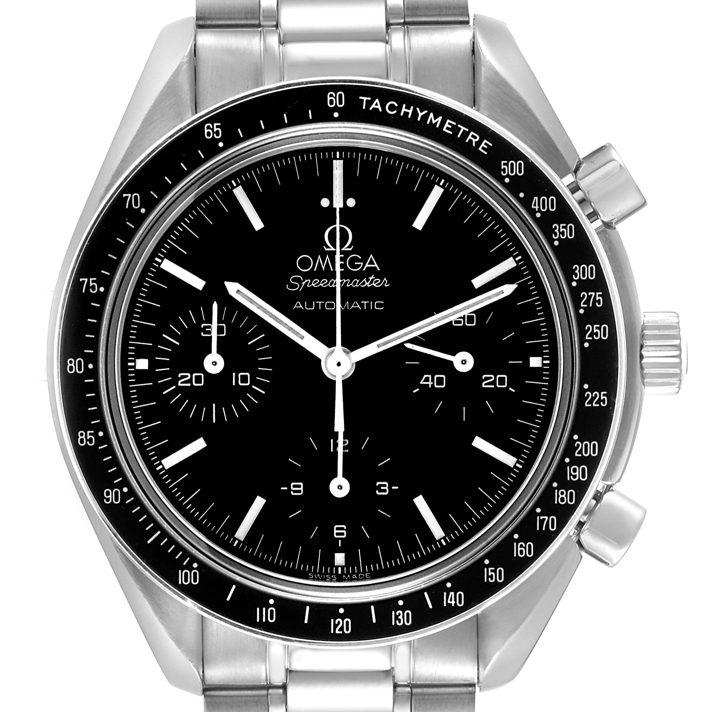 Image shows a frontal view of the Omega Speedmaster 3539.50.00 Men
s Stainless Steel Black Dial 3539.50.00 Men
s Stainless Steel Black Dial watch, highlighting the dial, sub-dials, bezel, and bracelet.