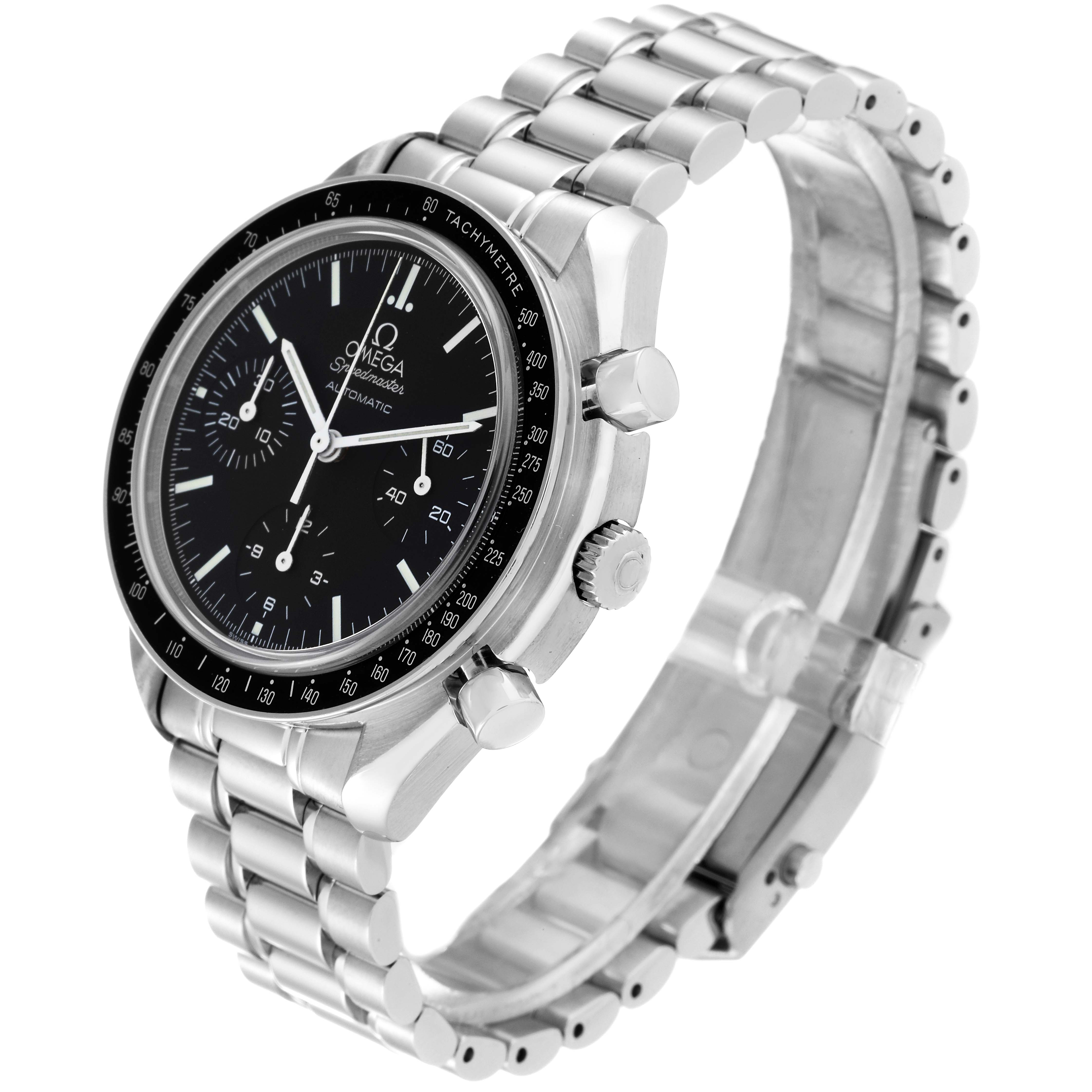 This image shows the Omega Speedmaster 3539.50.00 Men
s Stainless Steel Black Dial 3539.50.00 Men
s Stainless Steel Black Dial watch at an angled side view, highlighting its black dial, bezel, case, pushers, and metal bracelet.