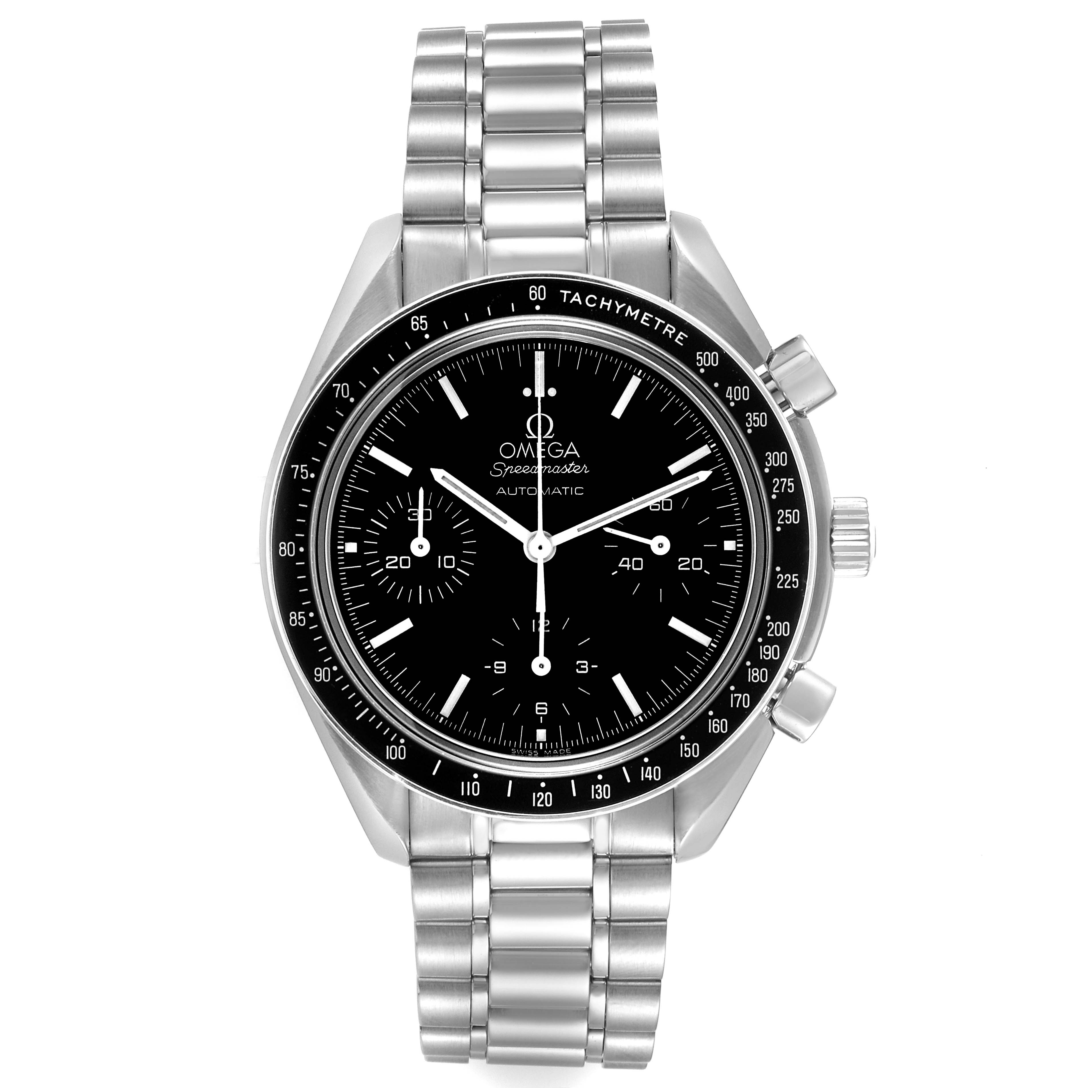 The image shows a front view of the Omega Speedmaster 3539.50.00 Men
s Stainless Steel Black Dial 3539.50.00 Men
s Stainless Steel Black Dial watch, highlighting its black dial, tachymeter bezel, and stainless steel bracelet.