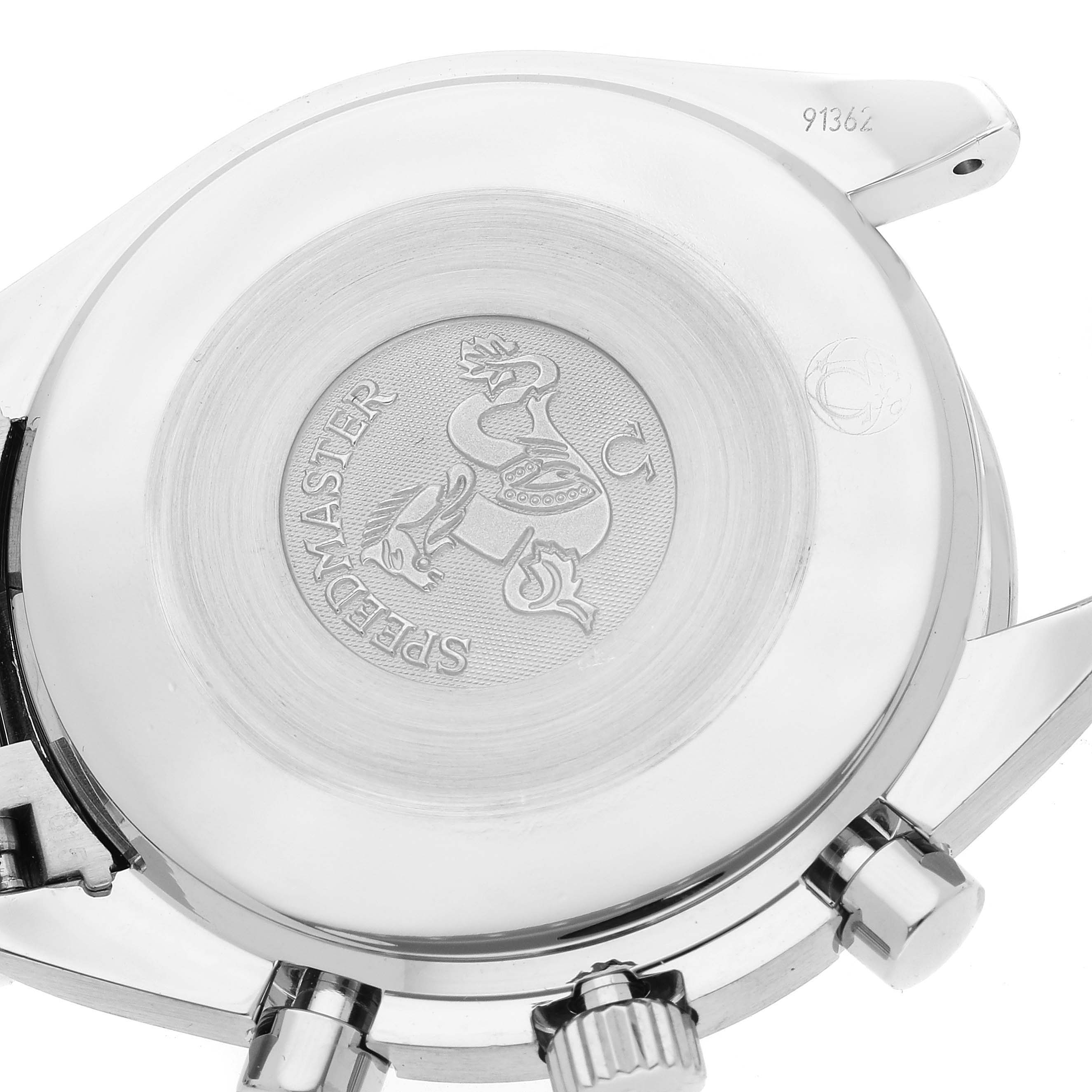 The image shows the case back and part of the crown of an Omega Speedmaster 3539.50.00 Men
s Stainless Steel Black Dial 3539.50.00 Men
s Stainless Steel Black Dial watch.