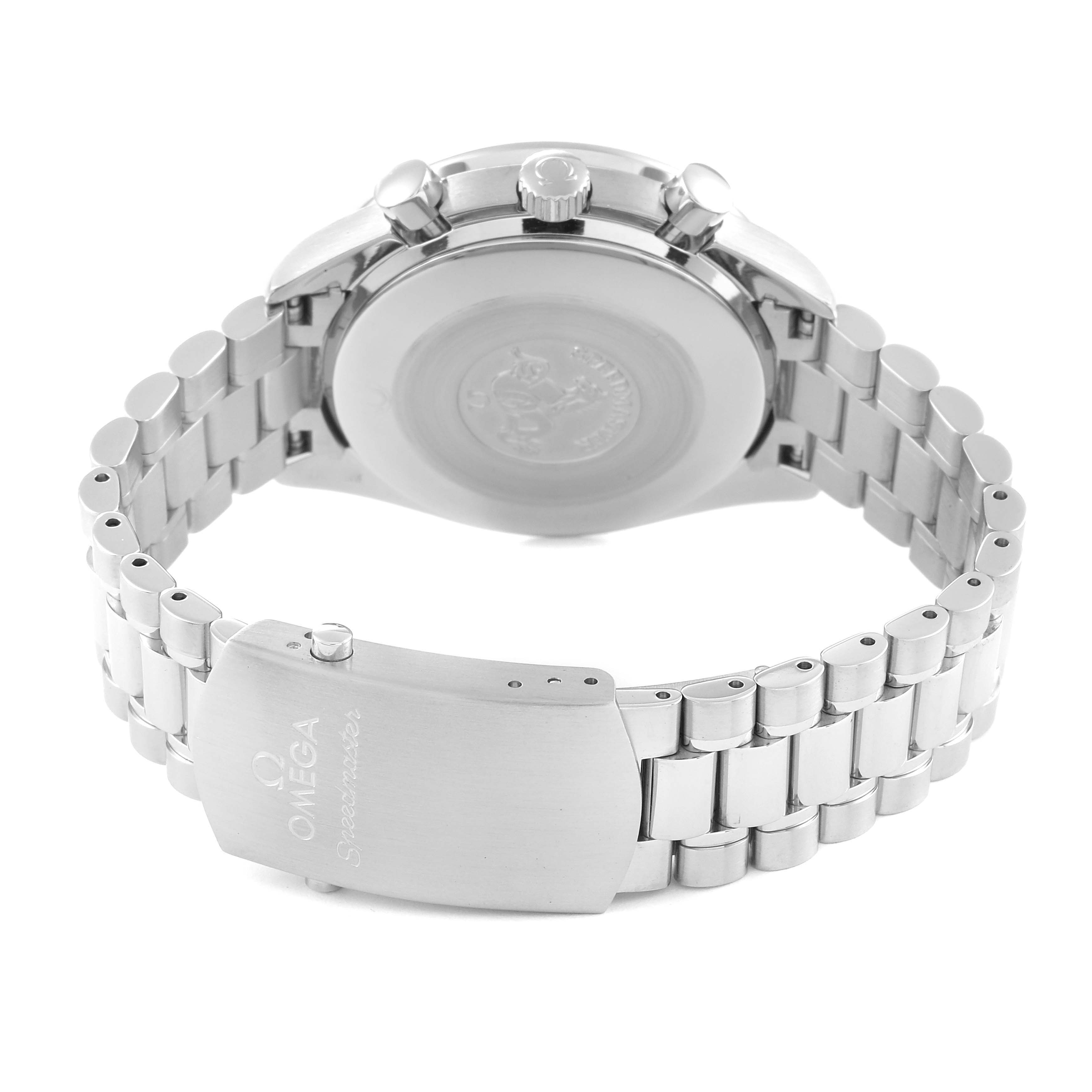 The image shows the back of an Omega Speedmaster 3539.50.00 Men
s Stainless Steel Black Dial 3539.50.00 Men
s Stainless Steel Black Dial watch, highlighting its clasp, bracelet, and case back.