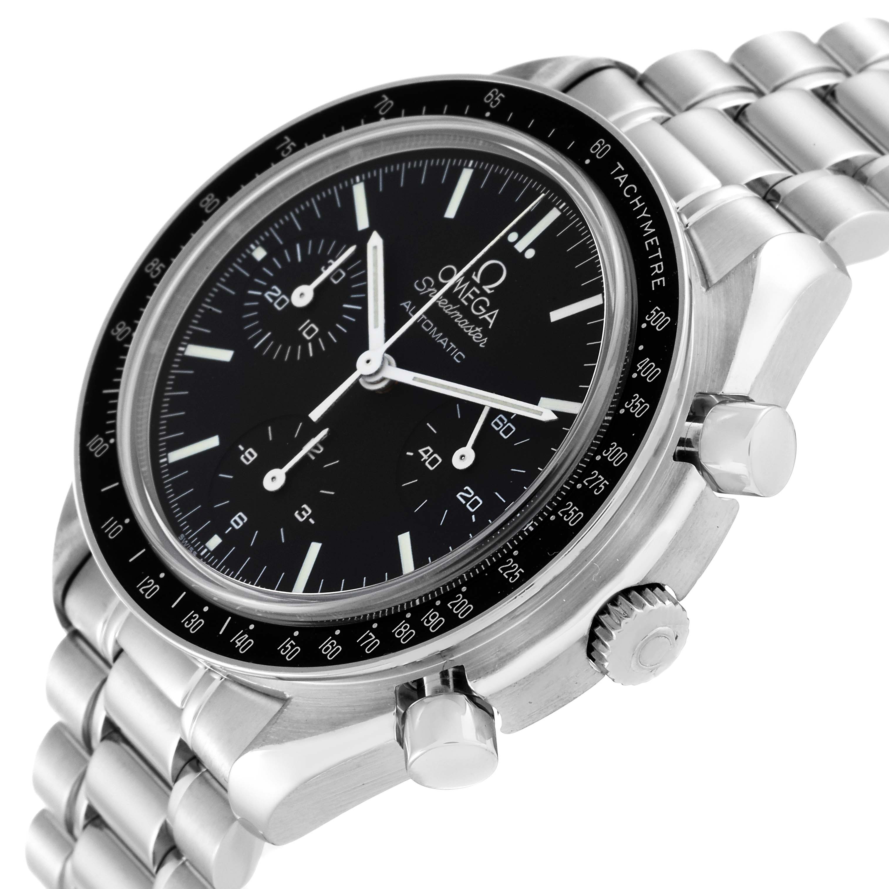 The Omega Speedmaster 3539.50.00 Men
s Stainless Steel Black Dial 3539.50.00 Men
s Stainless Steel Black Dial watch is shown at an angle highlighting the face, bezel, crown, and chronograph pushers.