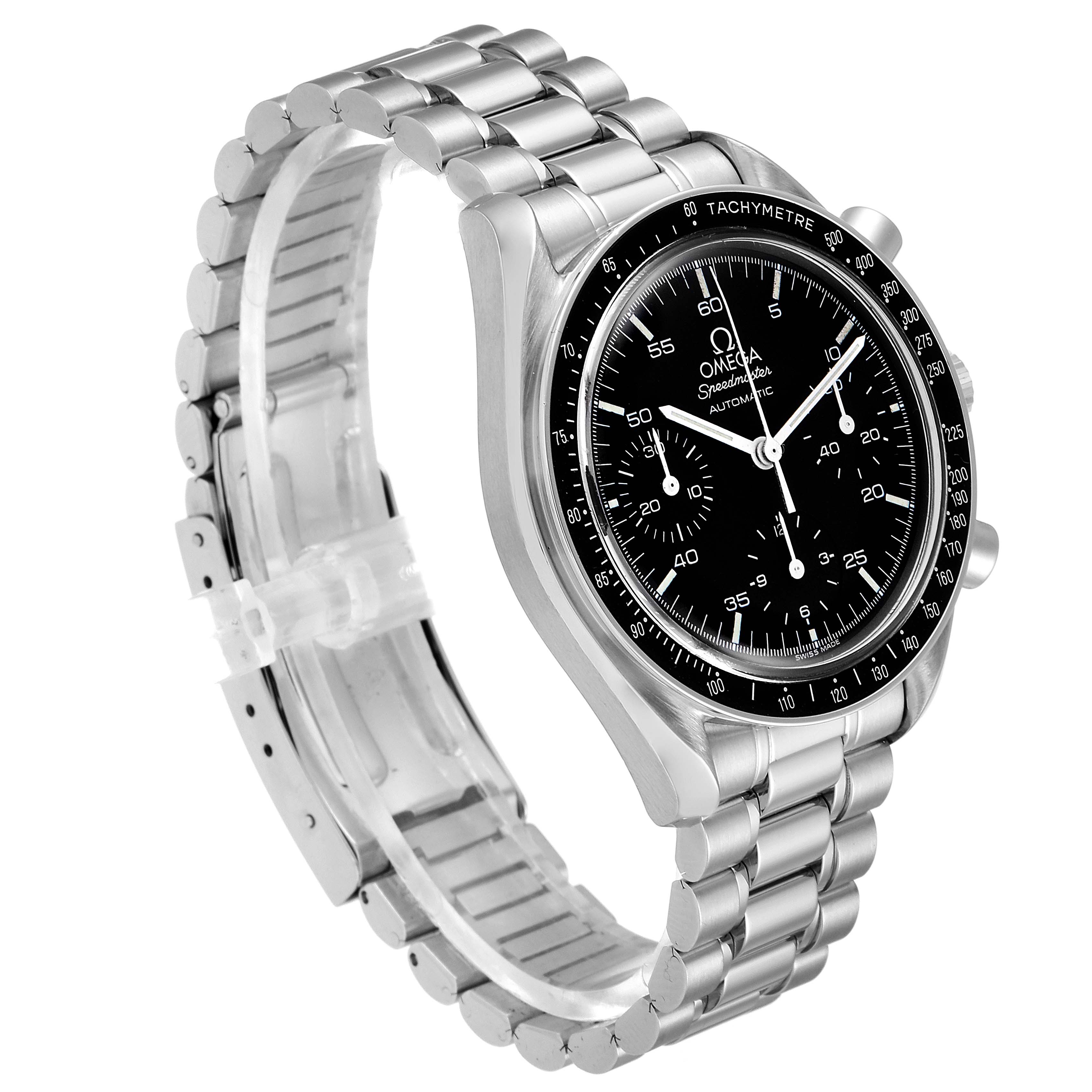 This image shows an Omega Speedmaster 3510.50.00 Men's Stainless Steel Black Dial 3510.50.00 Men's Stainless Steel Black Dial watch at a three-quarter angle, highlighting the dial, case, and bracelet.