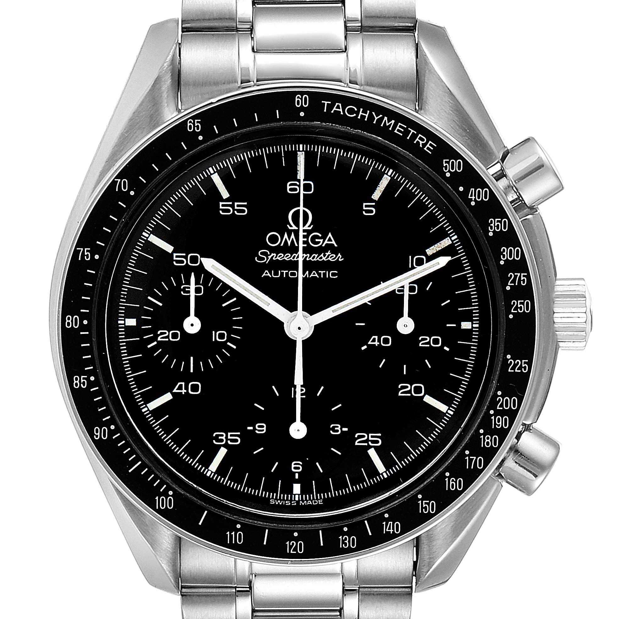This image shows a front view of the Omega Speedmaster 3510.50.00 Men's Stainless Steel Black Dial 3510.50.00 Men's Stainless Steel Black Dial watch, highlighting its dial, tachymeter bezel, and chronograph subdials.