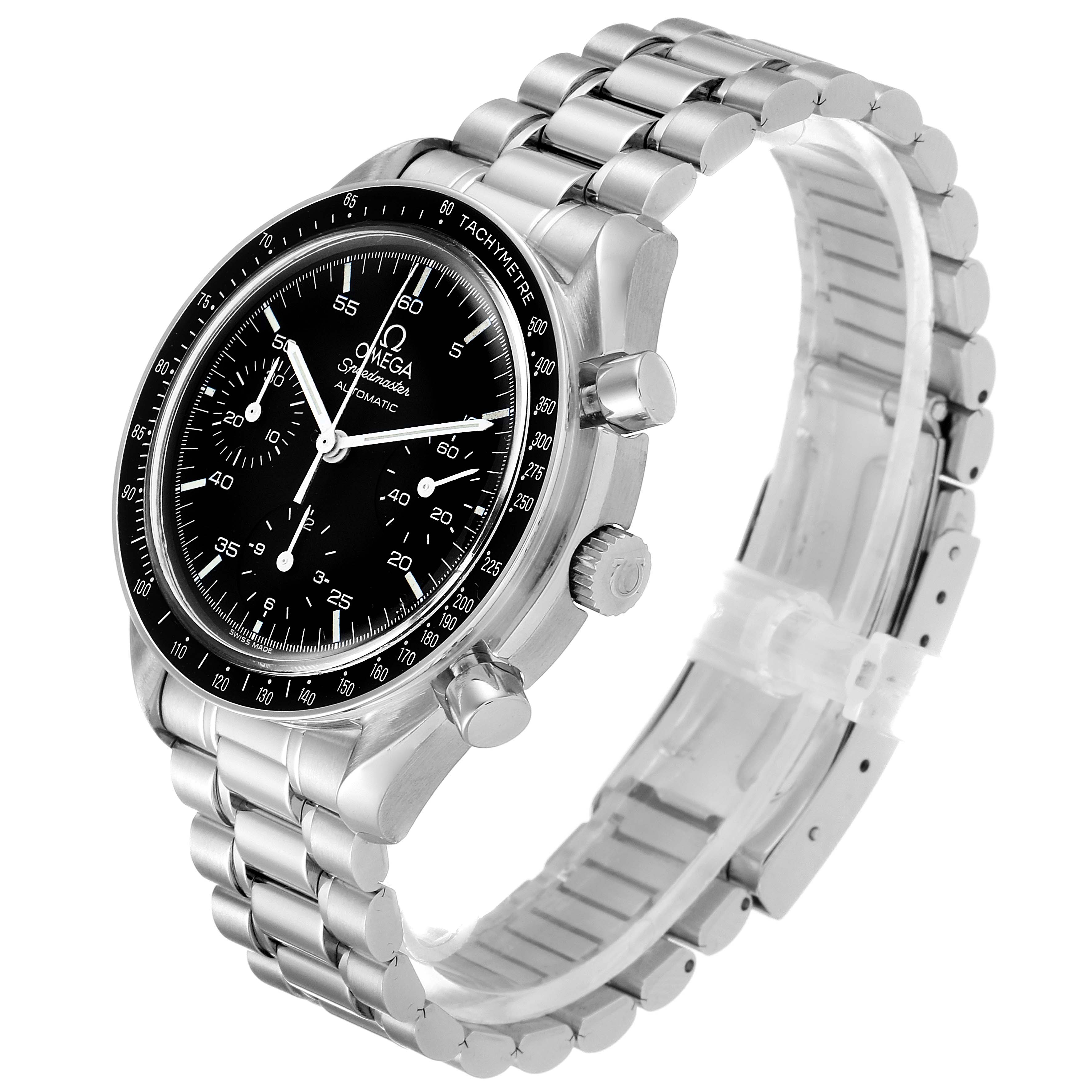 The watch is an Omega Speedmaster 3510.50.00 Men's Stainless Steel Black Dial 3510.50.00 Men's Stainless Steel Black Dial model shown from an angled side view, featuring its face, case, bracelet, and side buttons.