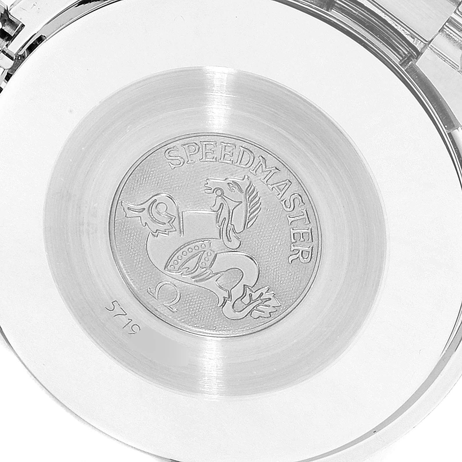 The image shows the engraved case back of an Omega Speedmaster 3510.50.00 Men's Stainless Steel Black Dial 3510.50.00 Men's Stainless Steel Black Dial watch.