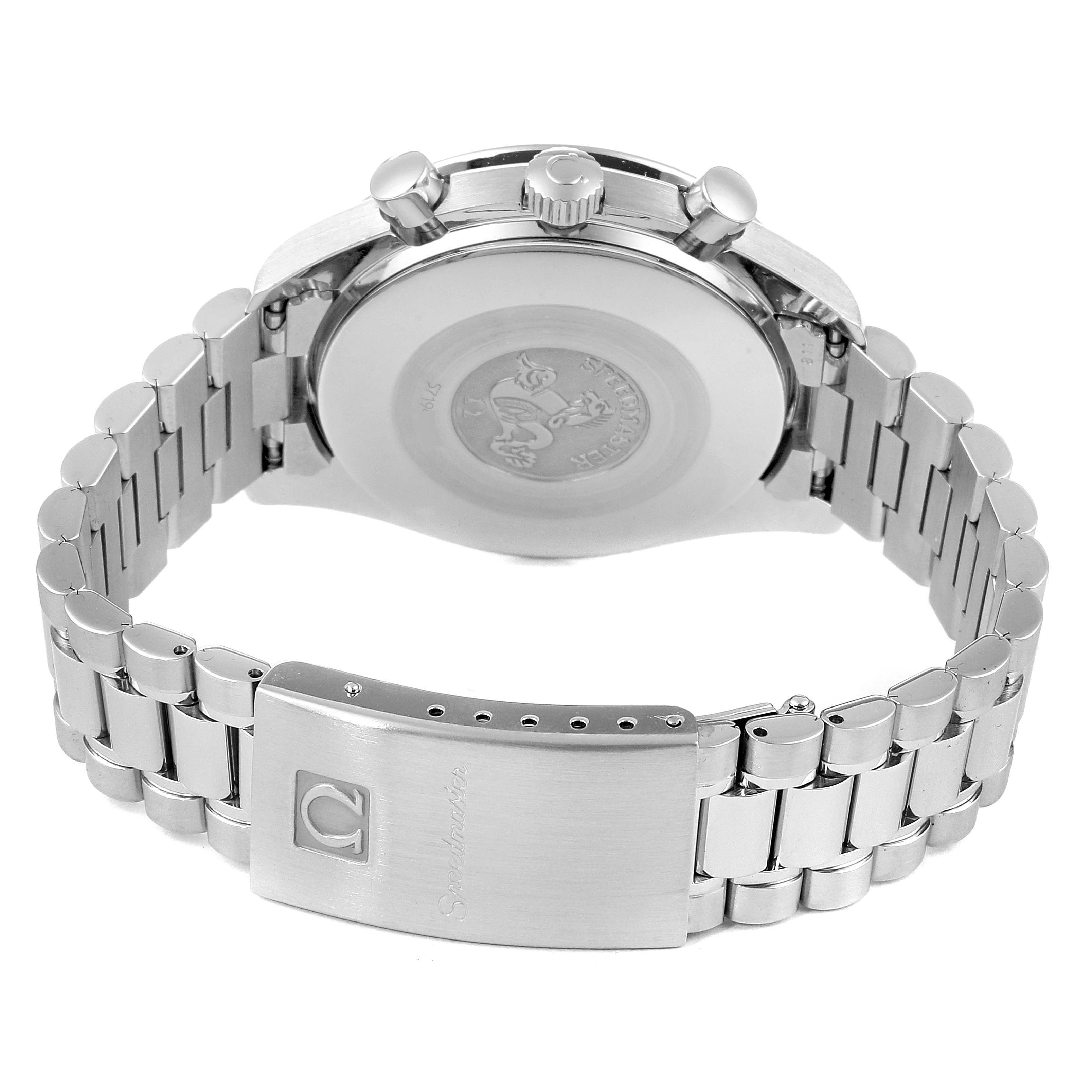 This image shows the back of an Omega Speedmaster 3510.50.00 Men's Stainless Steel Black Dial 3510.50.00 Men's Stainless Steel Black Dial watch with its stainless steel case and bracelet visible.