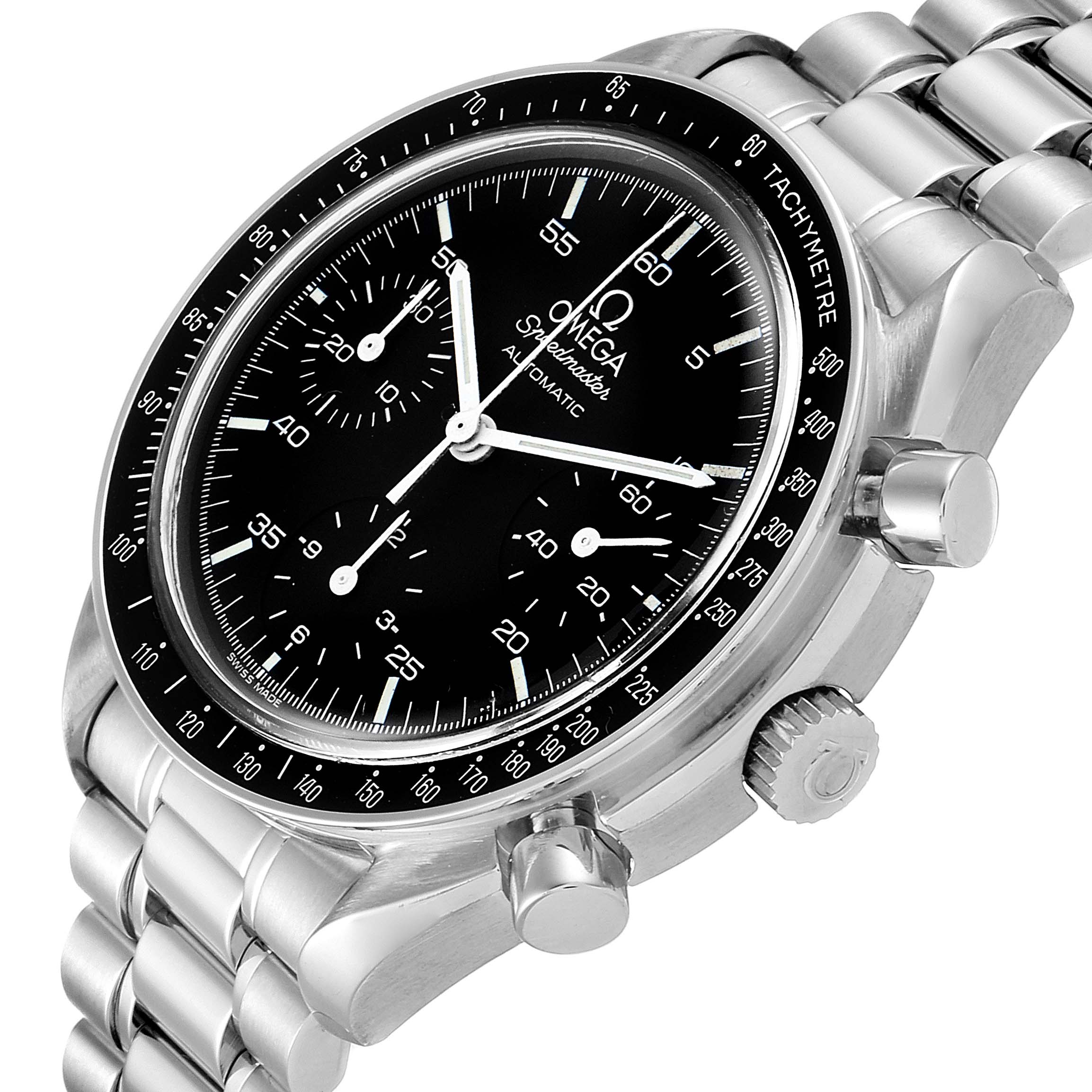 The Omega Speedmaster 3510.50.00 Men's Stainless Steel Black Dial 3510.50.00 Men's Stainless Steel Black Dial watch is shown at an angled view, displaying the dial, bezel, pushers, crown, and part of the stainless steel bracelet.