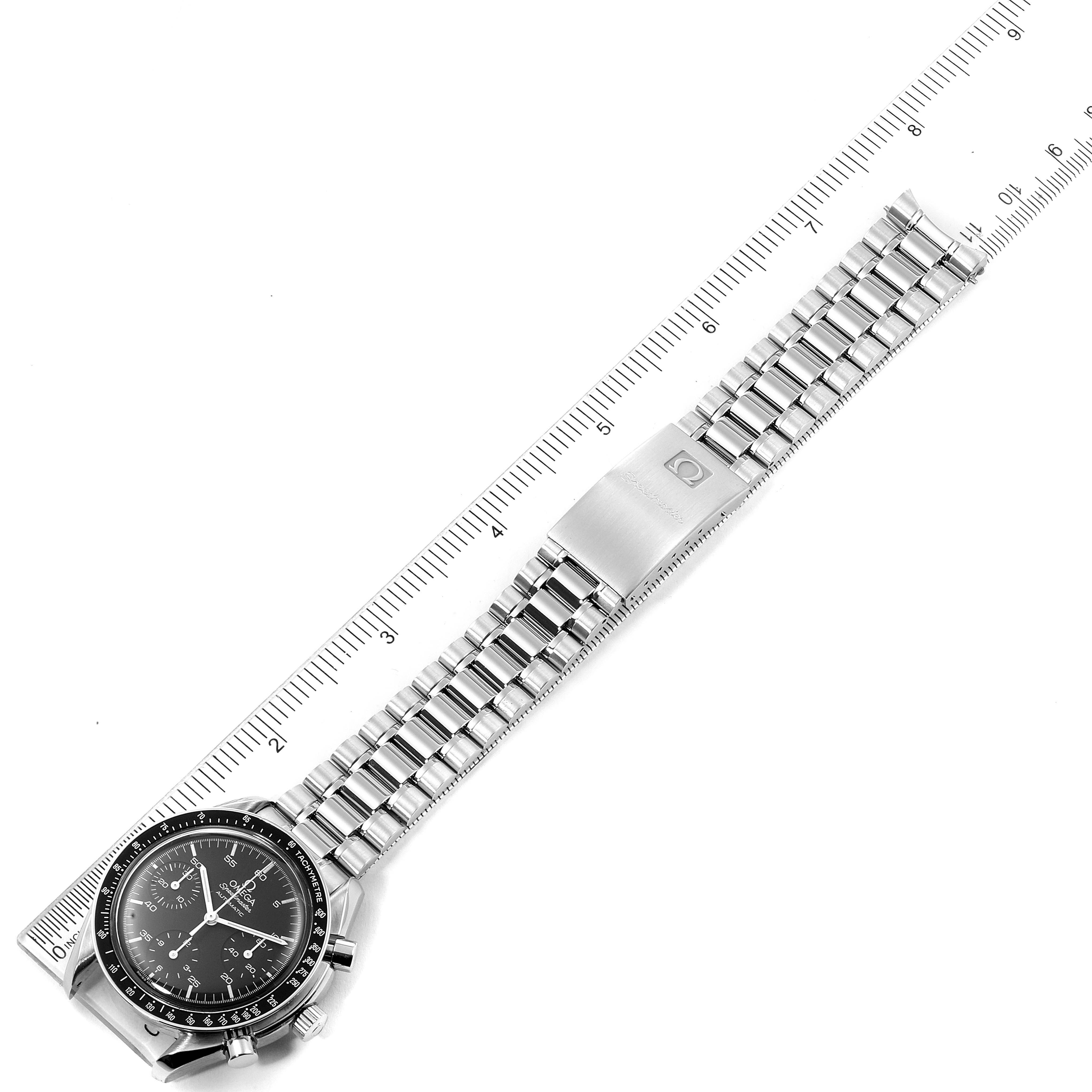 The Omega Speedmaster 3510.50.00 Men's Stainless Steel Black Dial 3510.50.00 Men's Stainless Steel Black Dial watch is shown from a top-down angle, displaying its face, bezel, and metal bracelet.