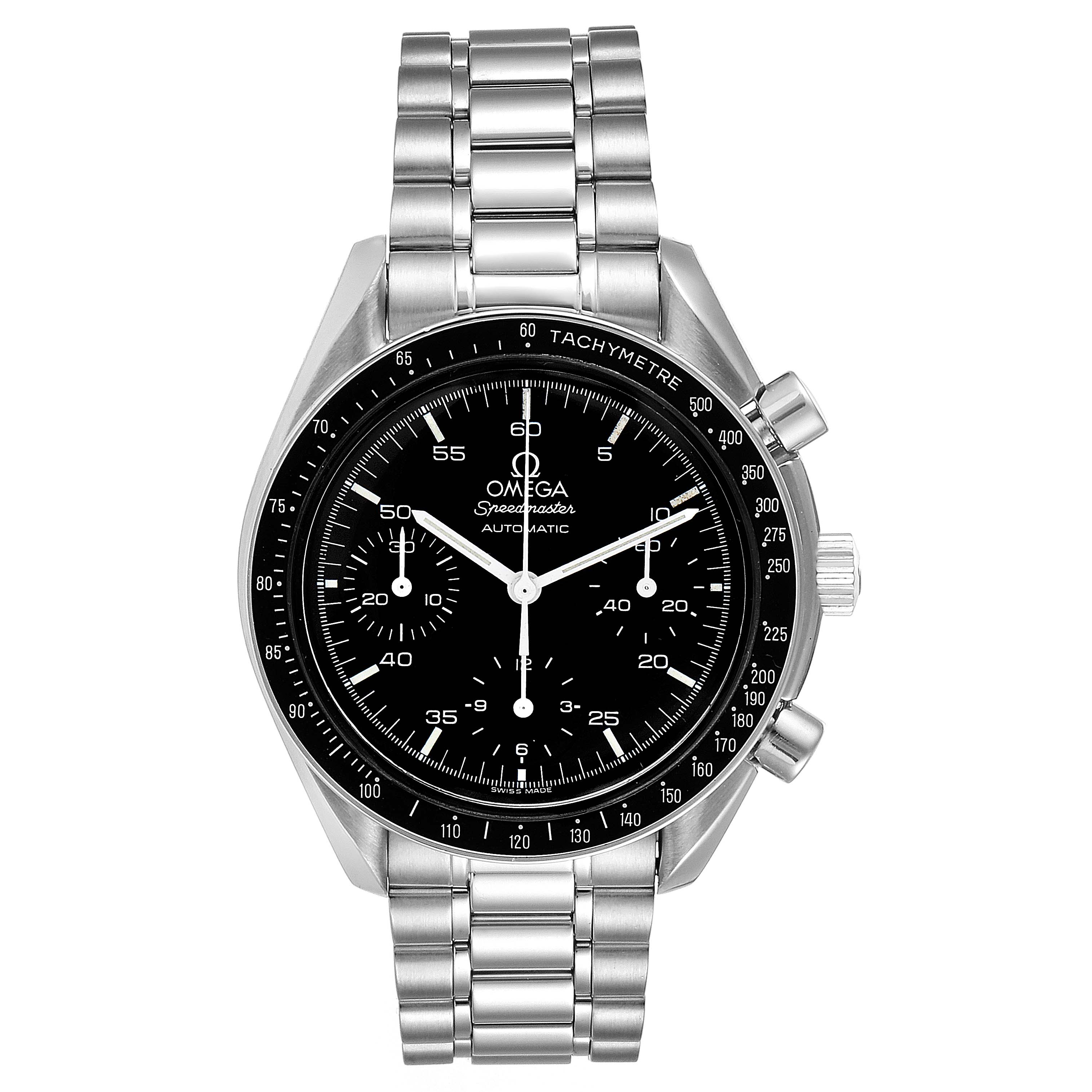 The image shows a front view of the Omega Speedmaster 3510.50.00 Men's Stainless Steel Black Dial 3510.50.00 Men's Stainless Steel Black Dial watch, detailing its stainless steel bracelet, black dial, and tachymetre bezel.