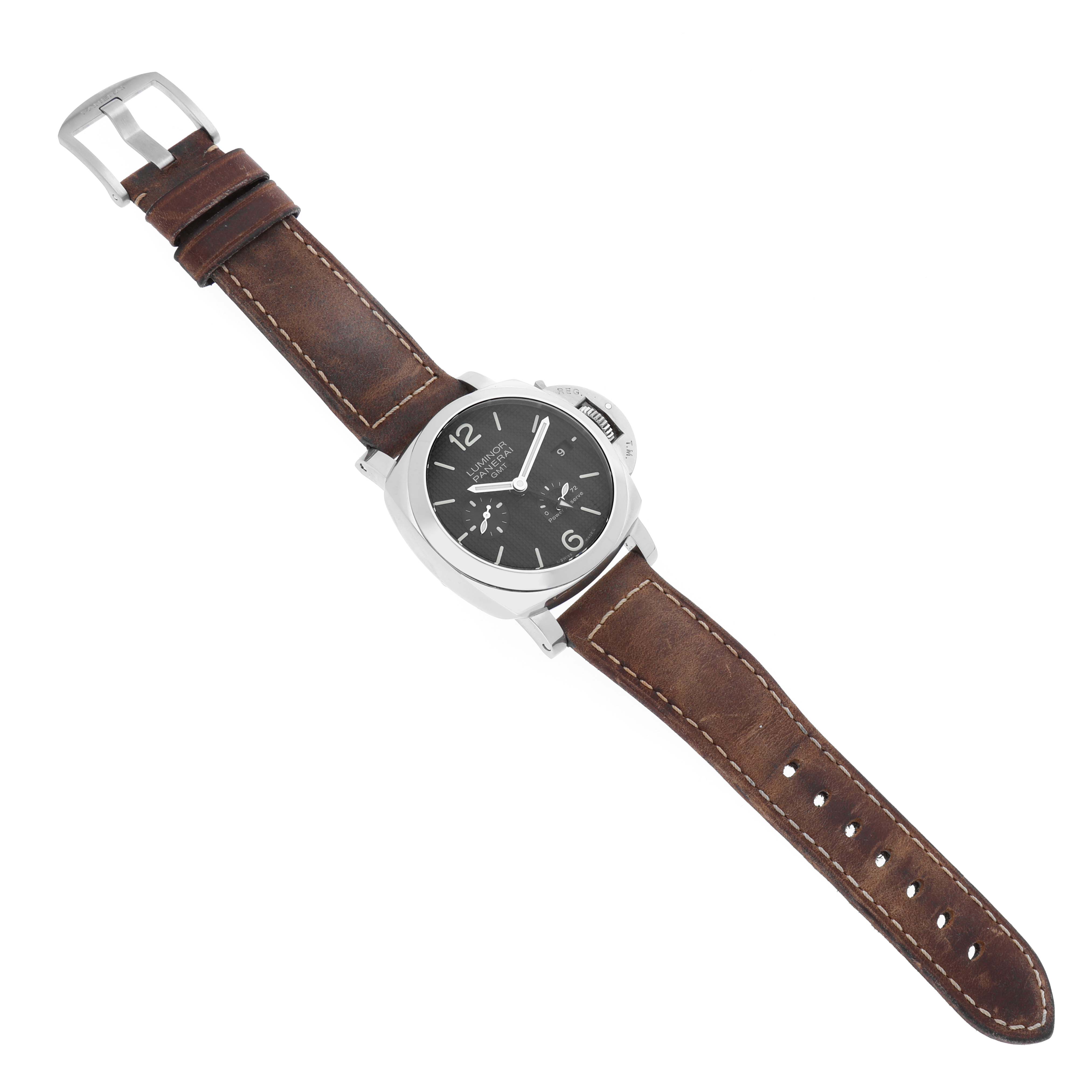 The Panerai Luminor PAM00537 Men's Stainless Steel Black Dial PAM00537 Men's Stainless Steel Black Dial watch is shown at an angle, featuring the face, crown guard, and full leather strap.