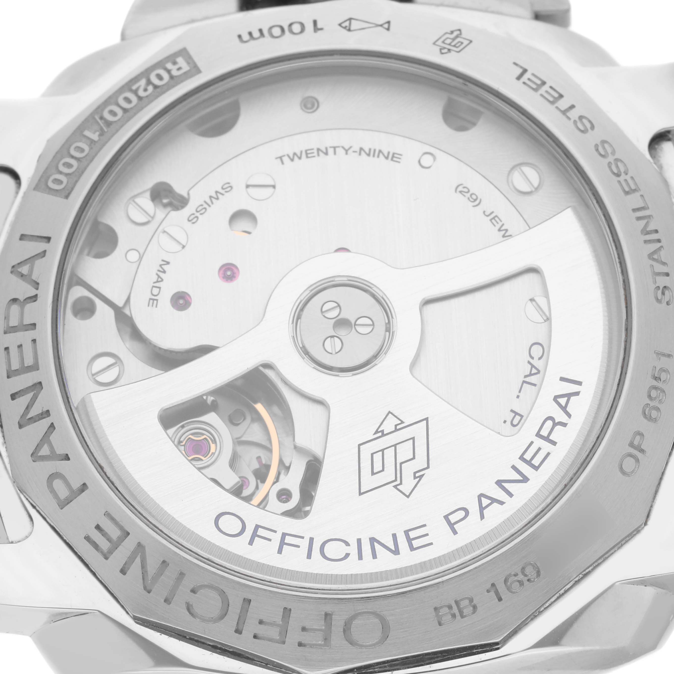 This image shows the back of a Panerai Luminor PAM00537 Men's Stainless Steel Black Dial PAM00537 Men's Stainless Steel Black Dial watch, highlighting the movement and its intricate components.