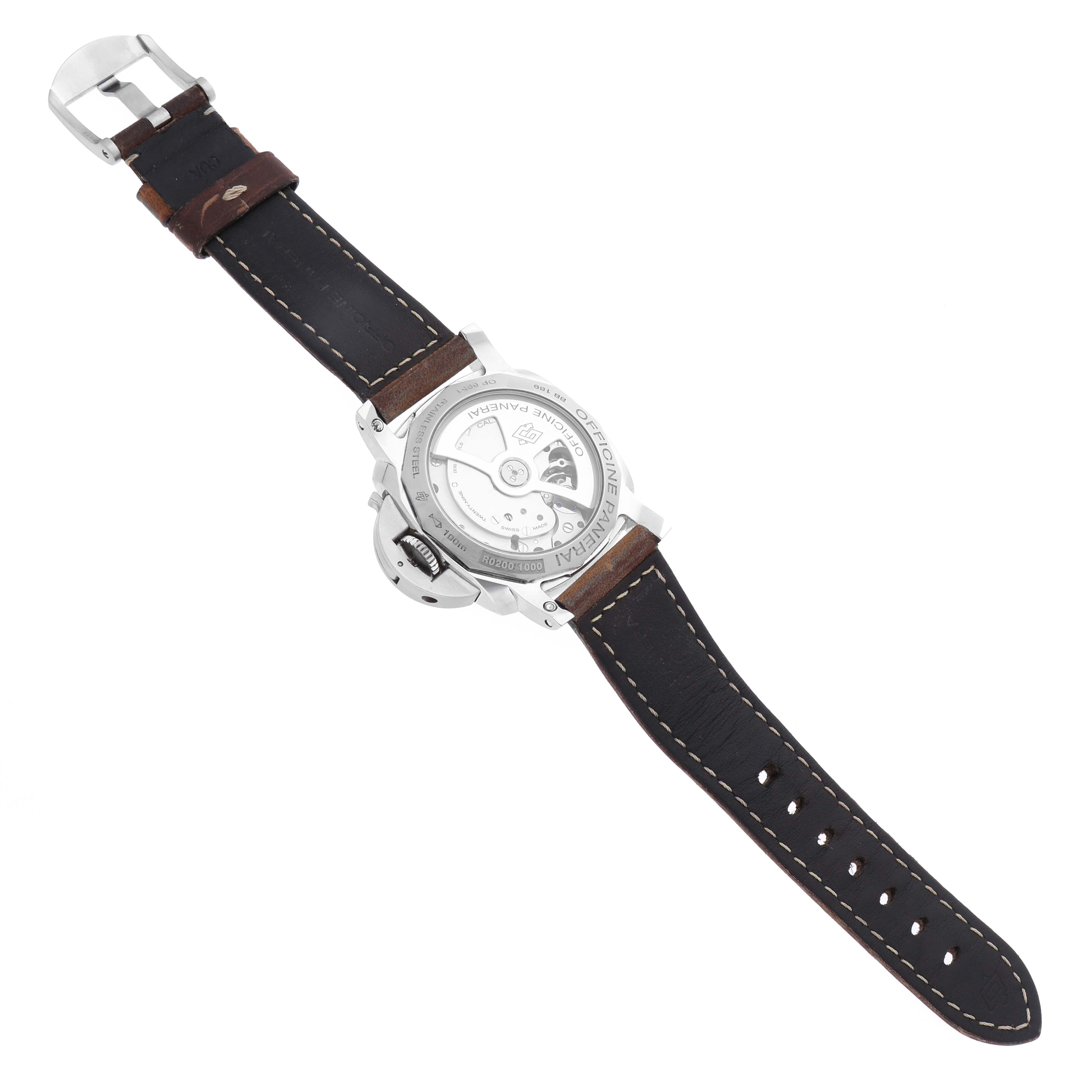 The image shows the back of the Panerai Luminor PAM00537 Men's Stainless Steel Black Dial PAM00537 Men's Stainless Steel Black Dial watch, highlighting its case back and strap.