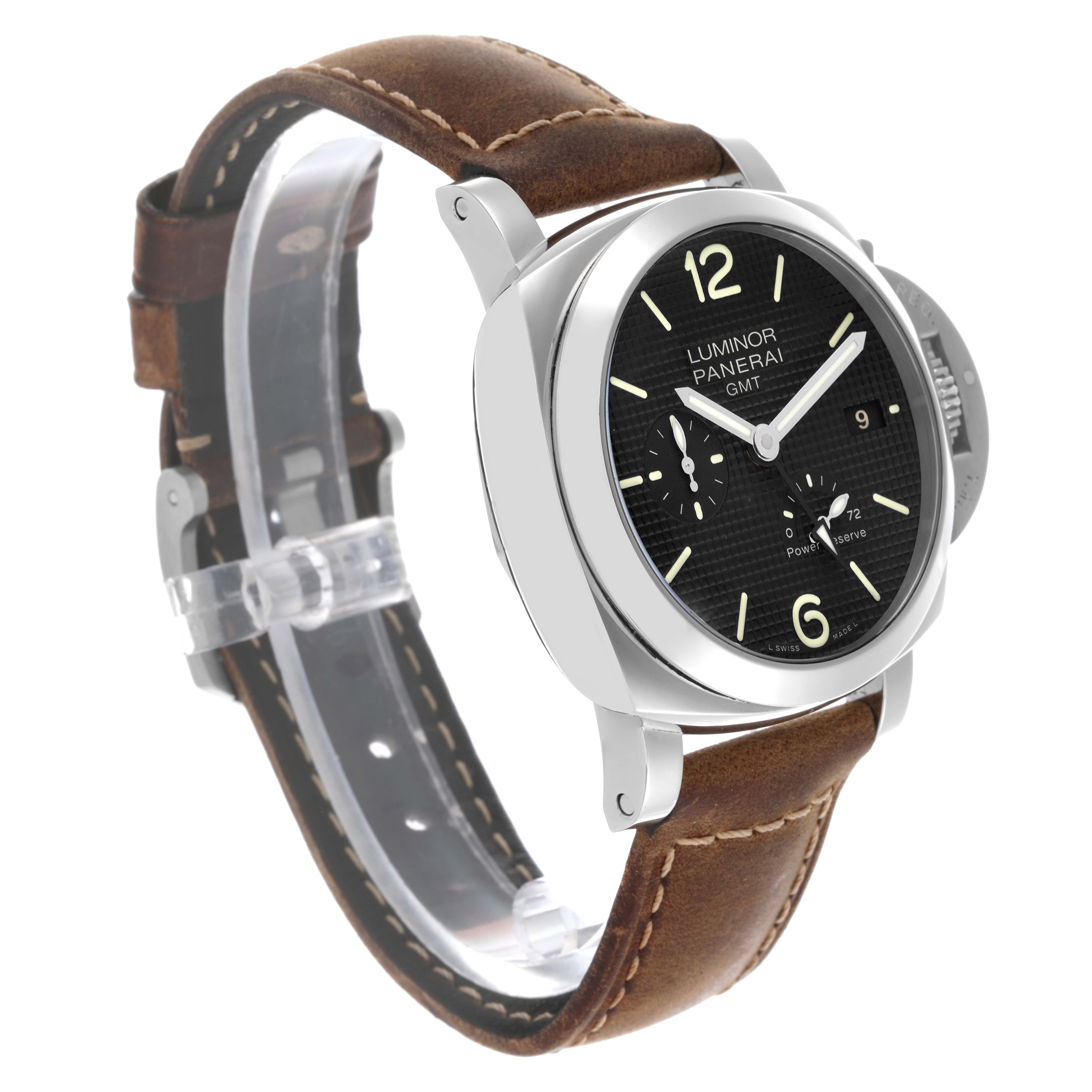 The Panerai Luminor PAM00537 Men's Stainless Steel Black Dial PAM00537 Men's Stainless Steel Black Dial watch is shown at a three-quarter angle, highlighting the dial, crown guard, and leather strap.