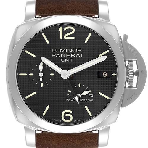 The Panerai Luminor watch is shown from a front angle, displaying its dial, case, and crown guard.