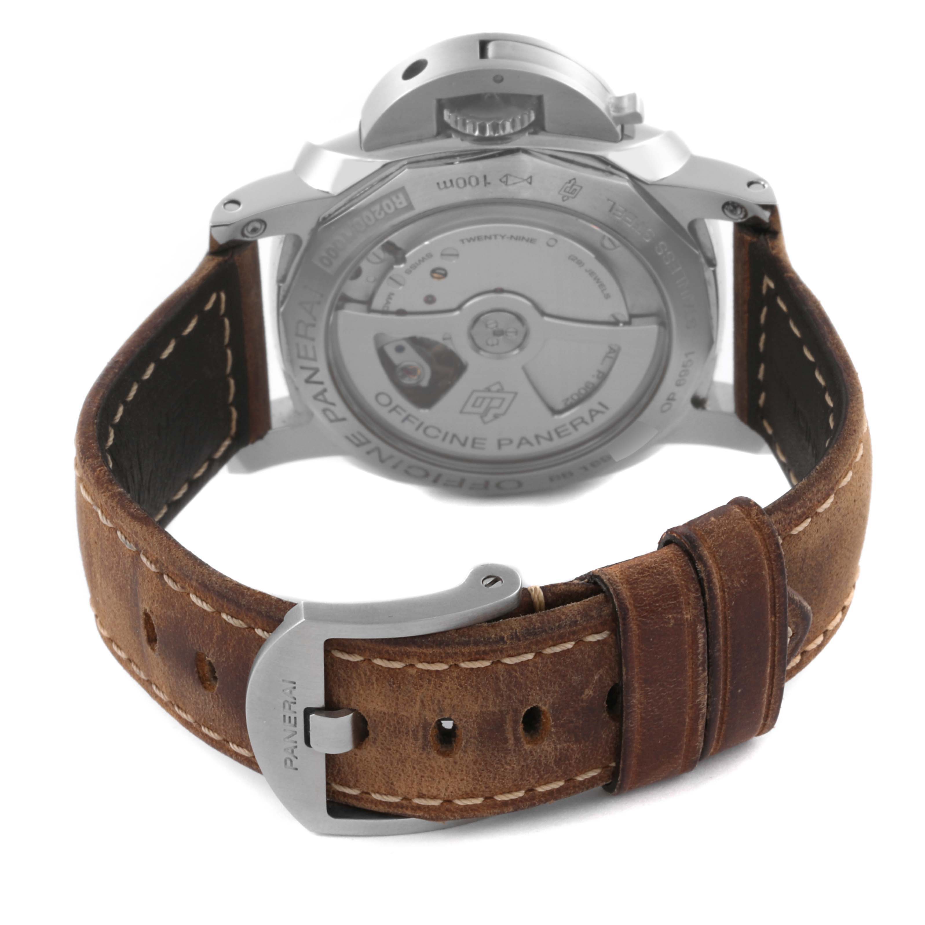 The image shows the back of a Panerai Luminor PAM00537 Men's Stainless Steel Black Dial PAM00537 Men's Stainless Steel Black Dial, highlighting the case back and brown leather strap with stitching.