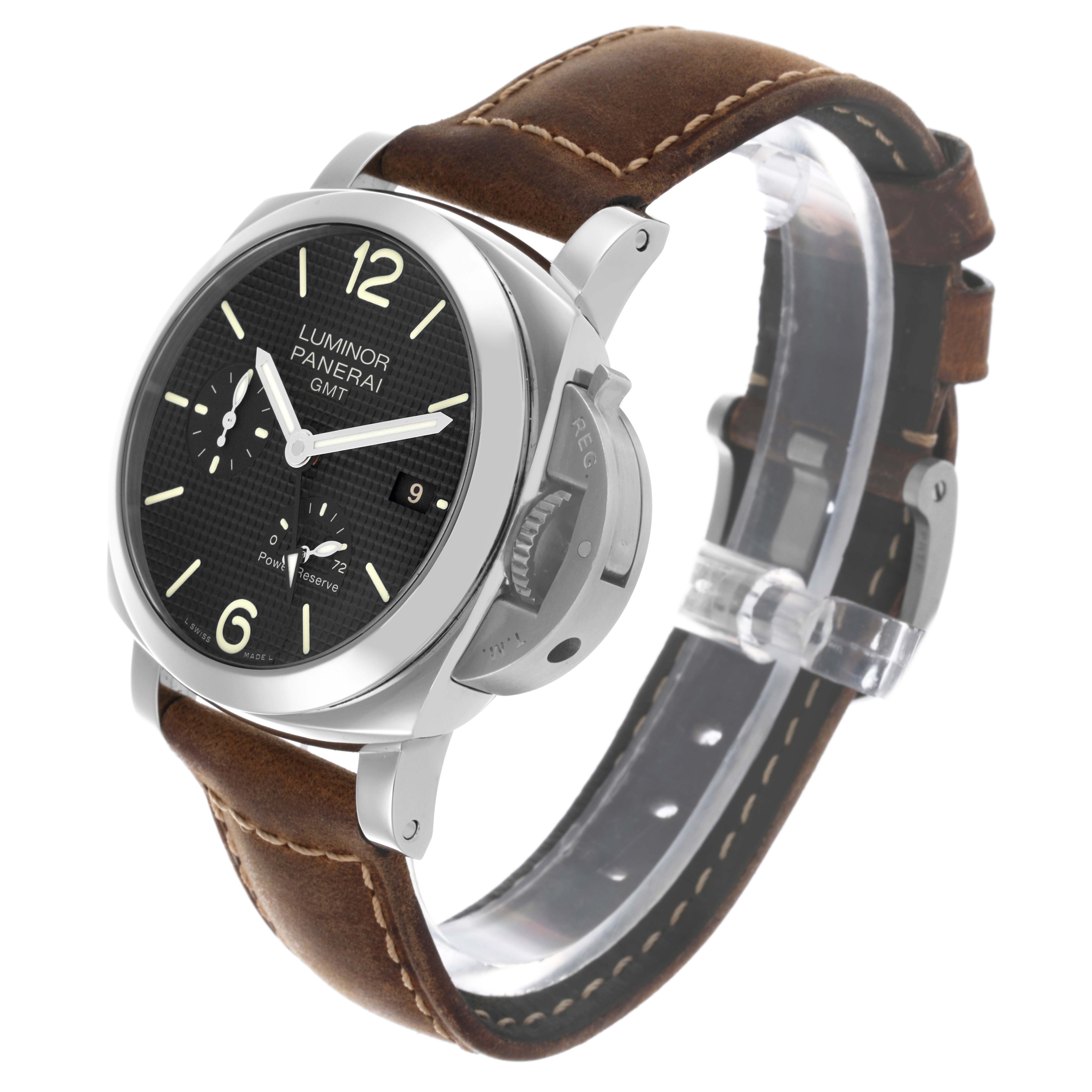 The Panerai Luminor PAM00537 Men's Stainless Steel Black Dial PAM00537 Men's Stainless Steel Black Dial watch is shown at a three-quarter angle, displaying its dial, crown guard, and leather strap.