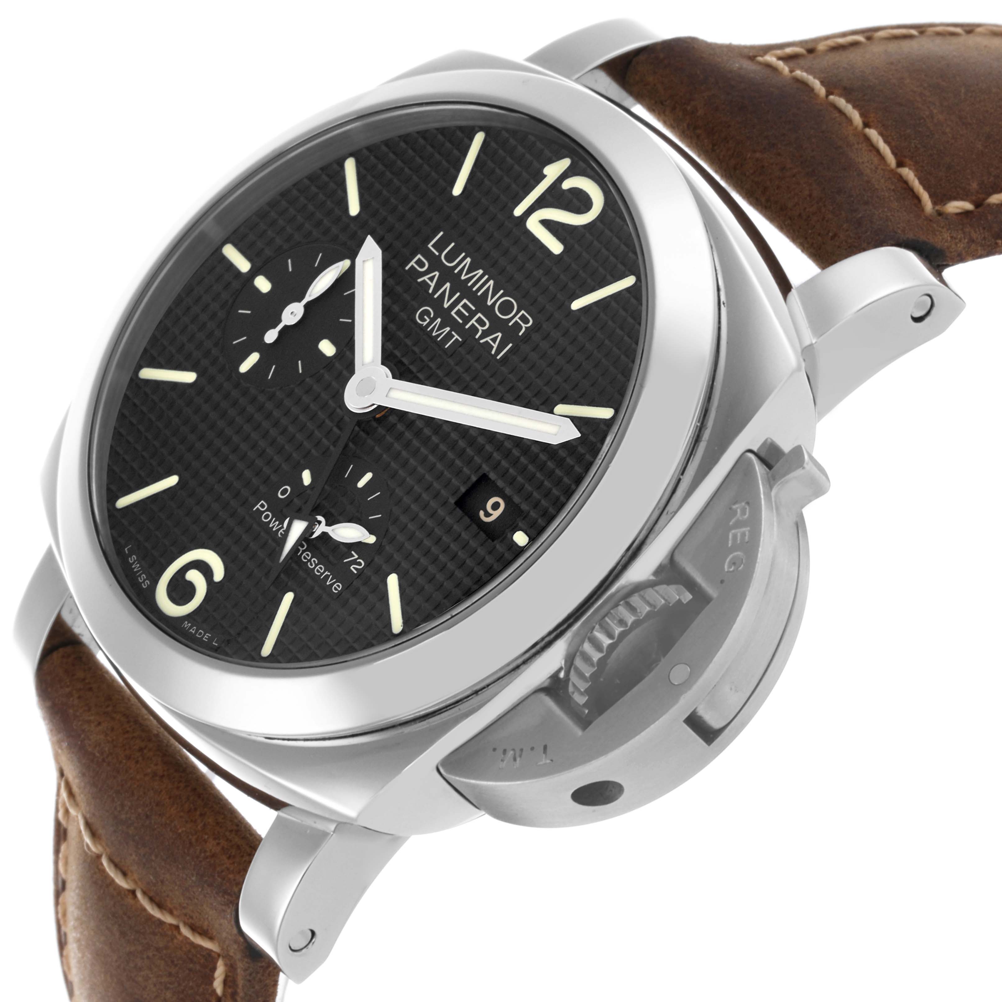 The Panerai Luminor PAM00537 Men's Stainless Steel Black Dial PAM00537 Men's Stainless Steel Black Dial watch is shown at a three-quarter angle highlighting the dial, crown guard, and leather strap.