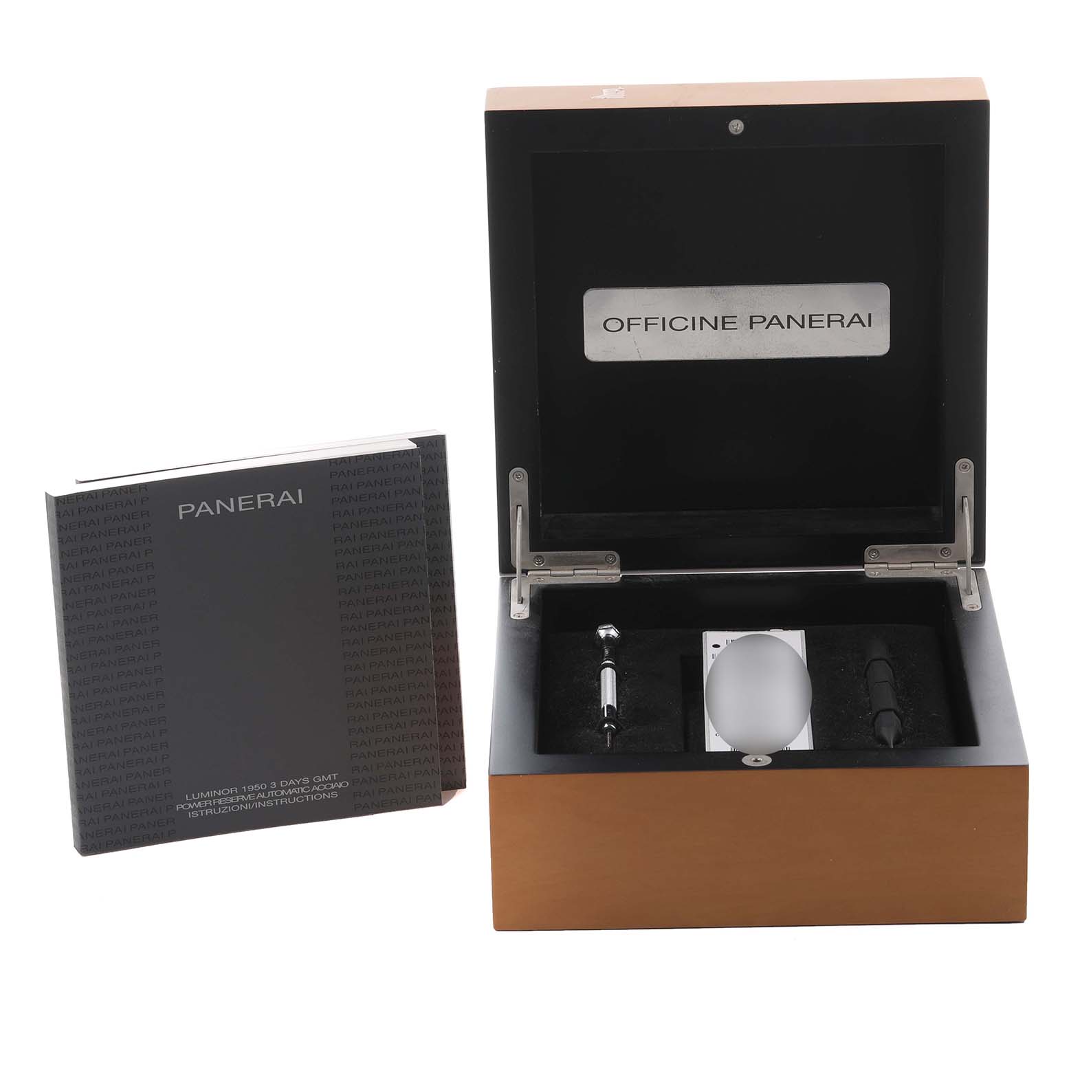 The image shows a Panerai Luminor PAM00537 Men's Stainless Steel Black Dial PAM00537 Men's Stainless Steel Black Dial watch box and accessories with an instruction booklet.