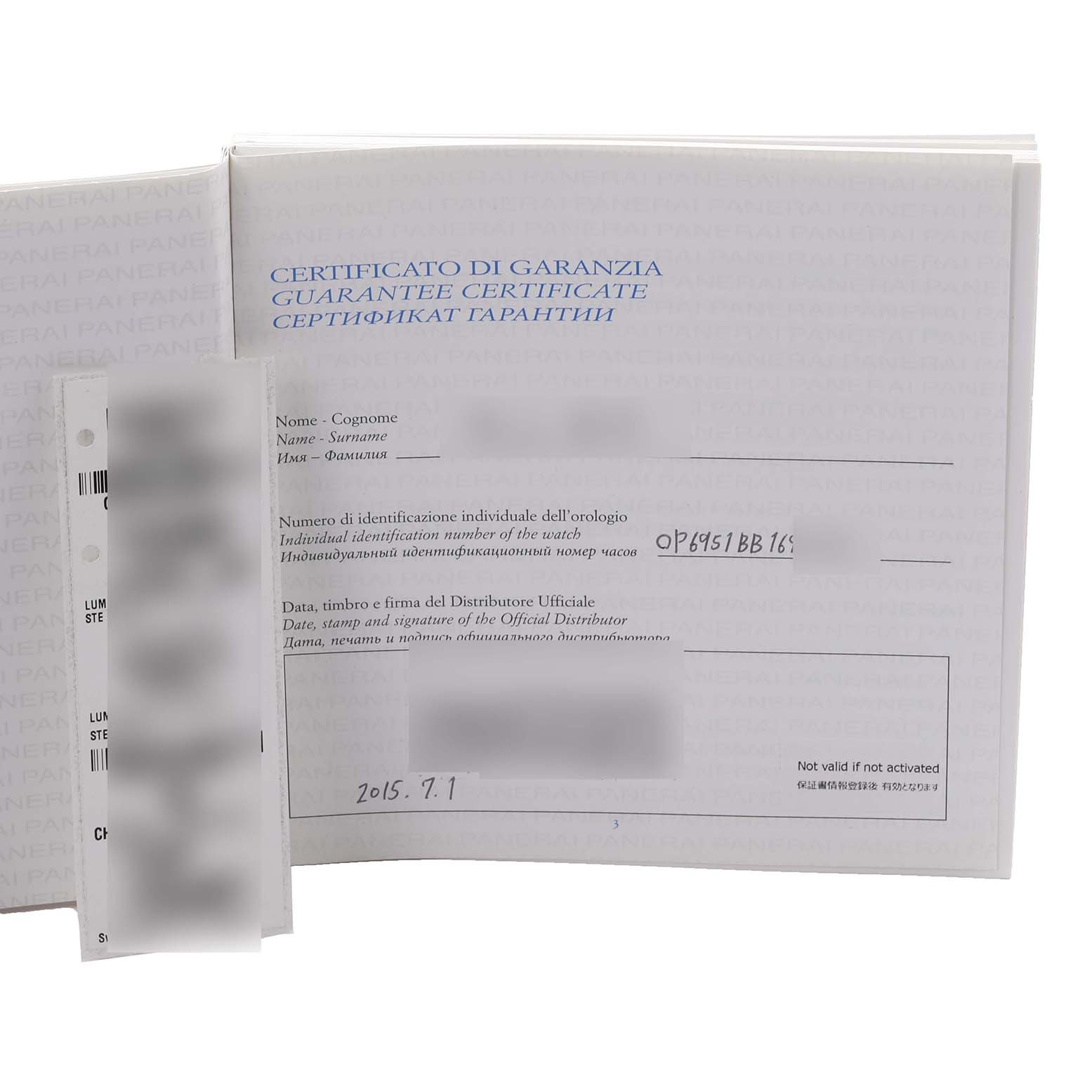 The image shows a Panerai Luminor PAM00537 Men's Stainless Steel Black Dial PAM00537 Men's Stainless Steel Black Dial model guarantee certificate and associated documentation.