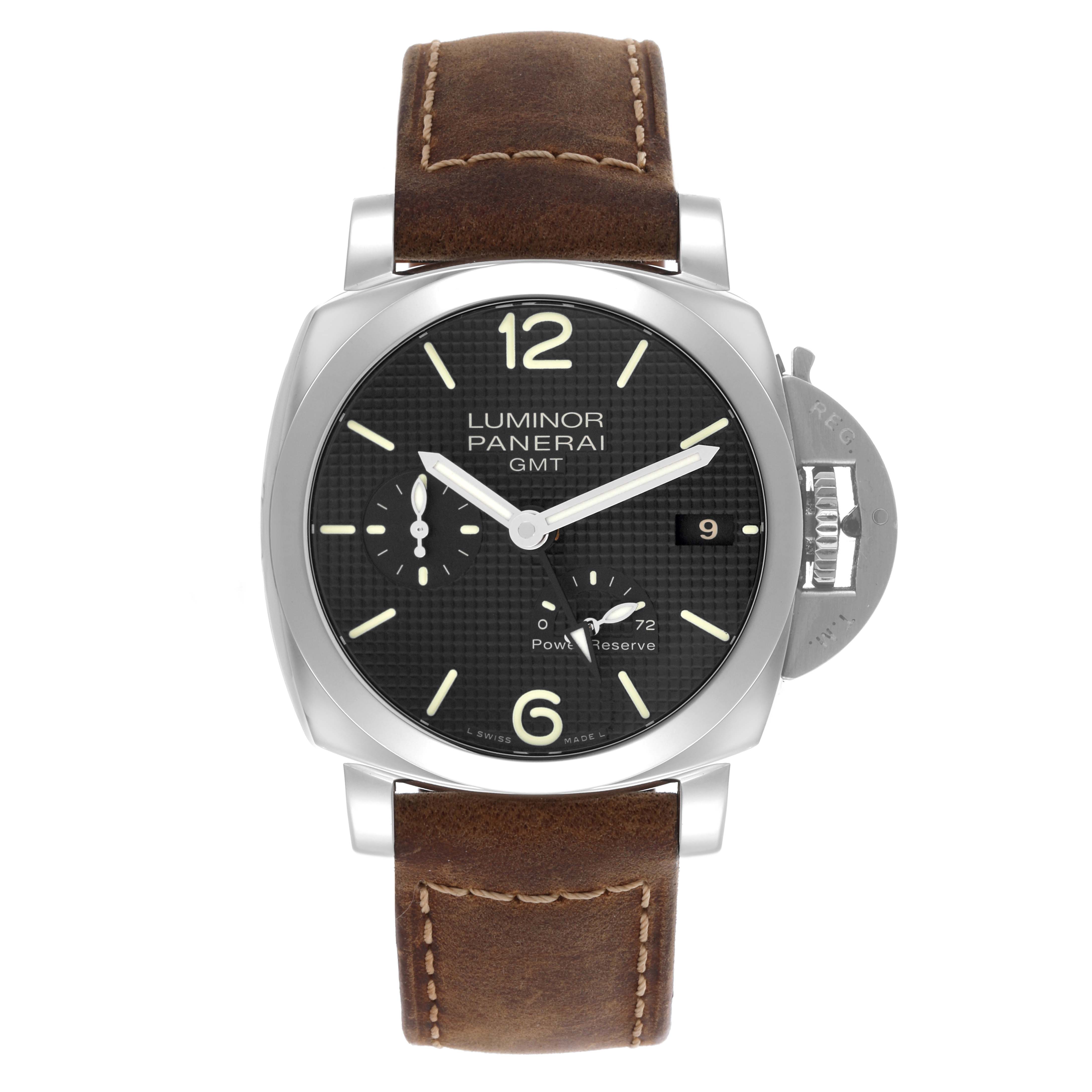 The Panerai Luminor PAM00537 Men's Stainless Steel Black Dial PAM00537 Men's Stainless Steel Black Dial watch is shown from a front angle, displaying the dial, power reserve indicator, and crown guard with a brown leather strap.